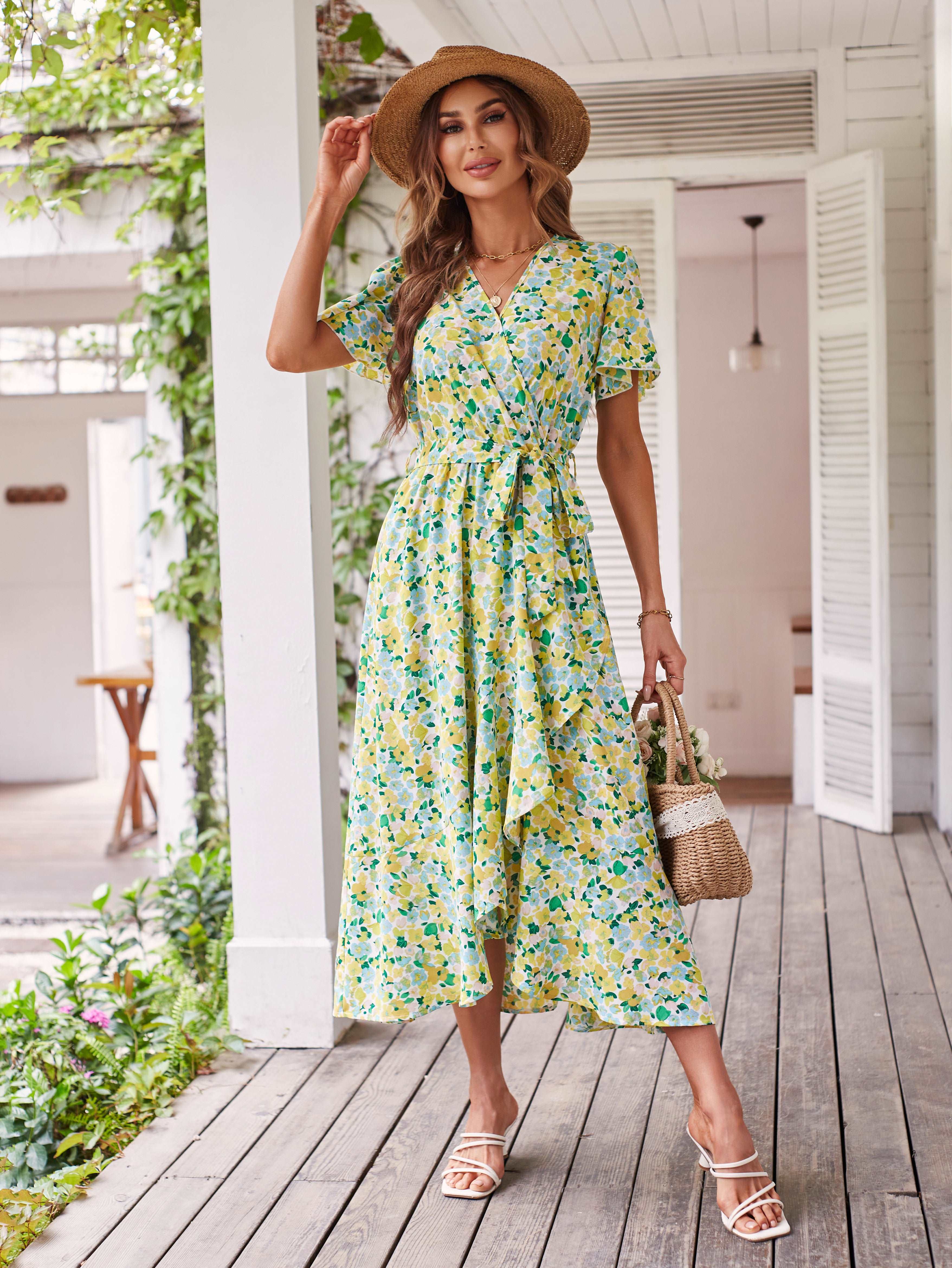 Women's Dresses Casual Summer Wrap V Neck Short Sleeve Belted Ruffle Hem A-Line Bohemian Maxi Dress