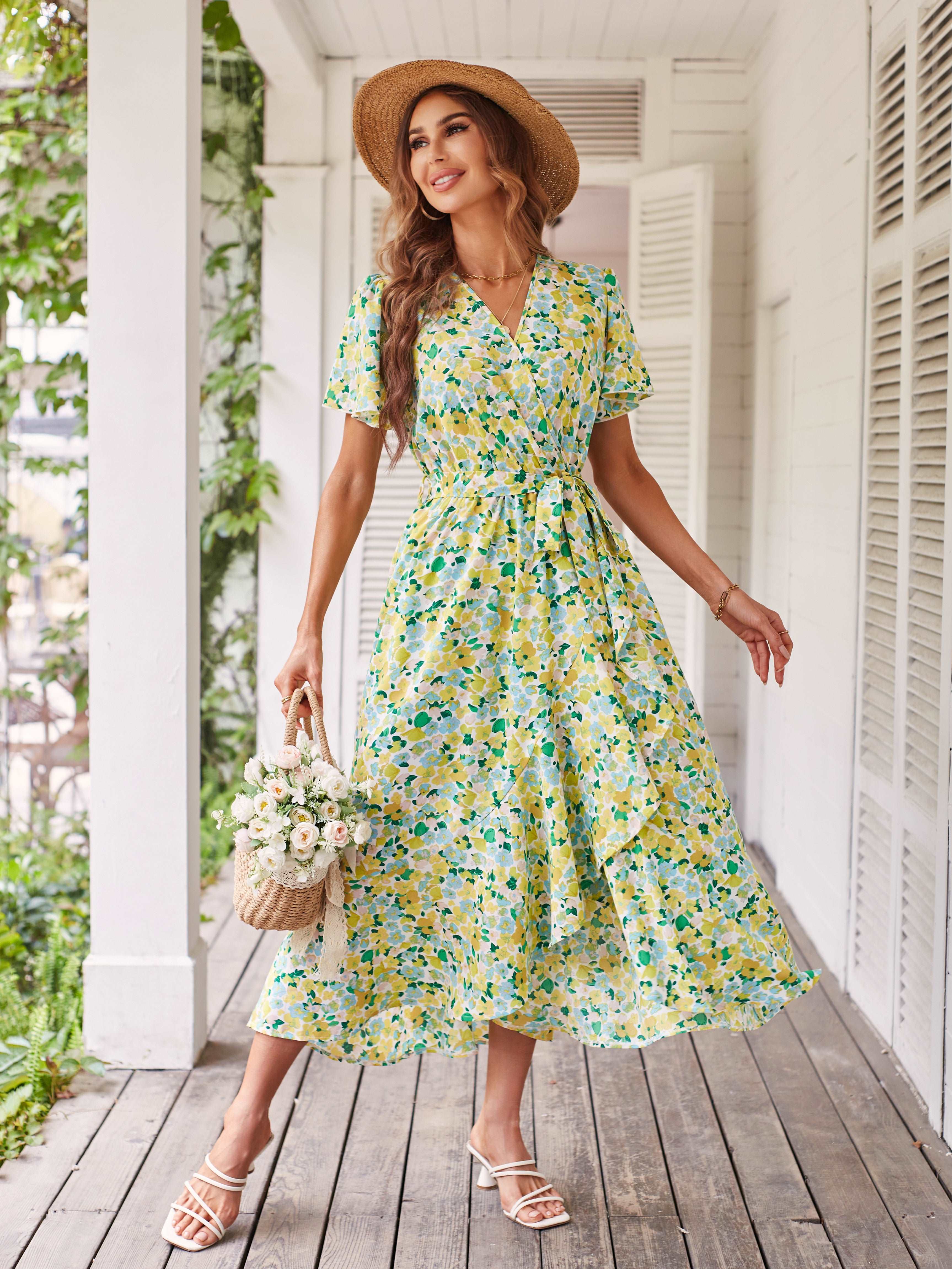 Women's Dresses Casual Summer Wrap V Neck Short Sleeve Belted Ruffle Hem A-Line Bohemian Maxi Dress