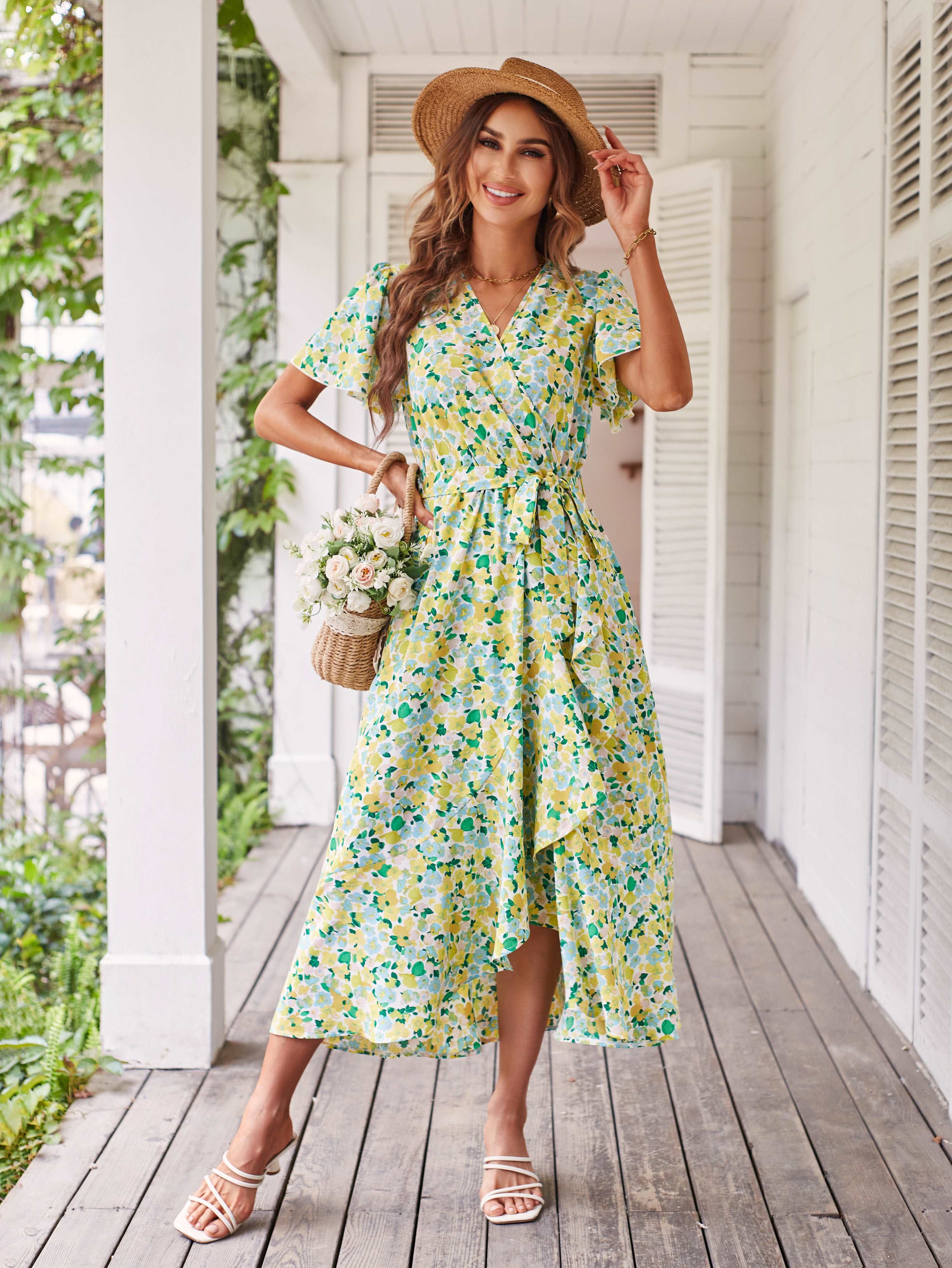 Women's Dresses Casual Summer Wrap V Neck Short Sleeve Belted Ruffle Hem A-Line Bohemian Maxi Dress