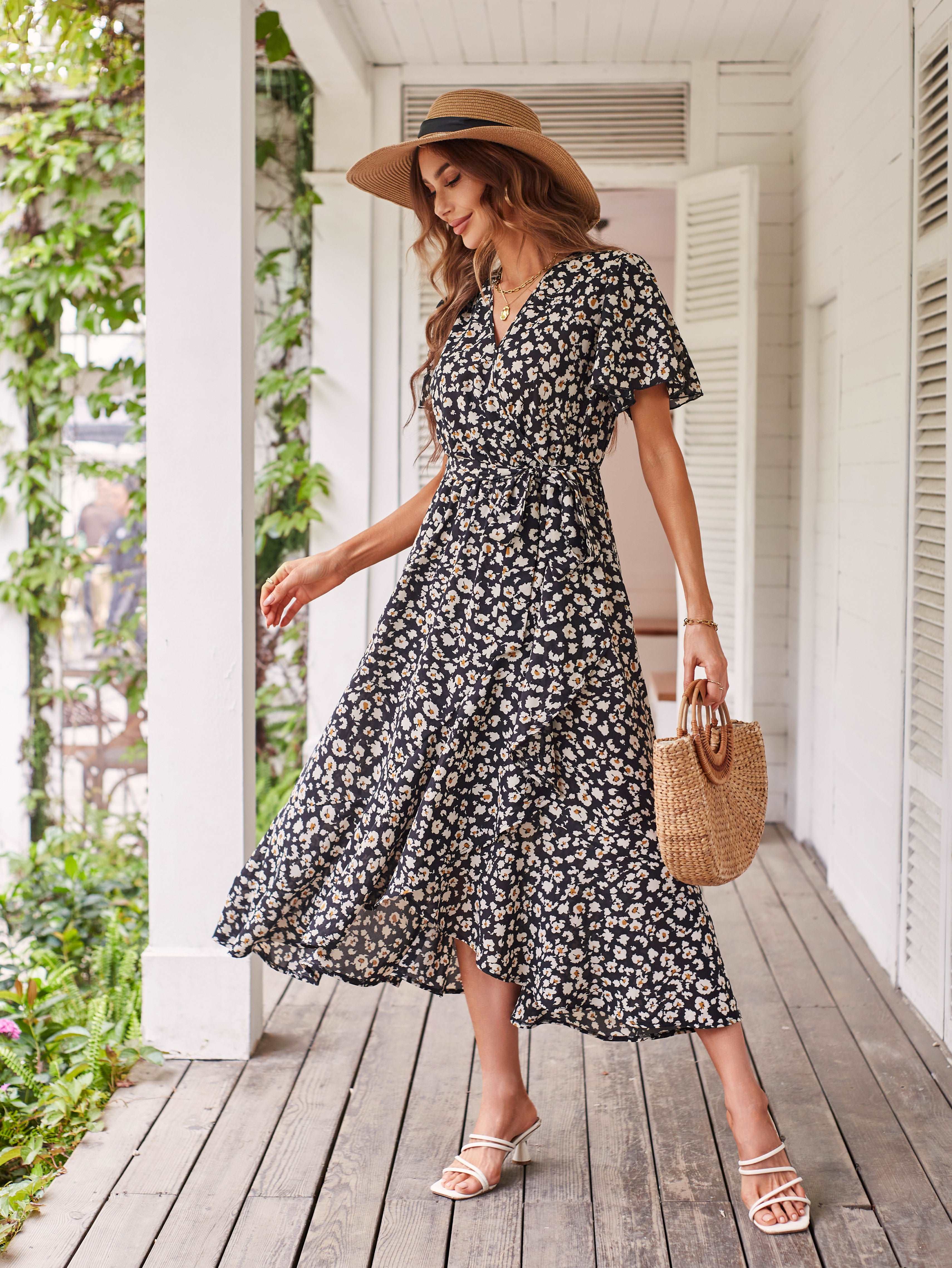 Women's Dresses Casual Summer Wrap V Neck Short Sleeve Belted Ruffle Hem A-Line Bohemian Maxi Dress