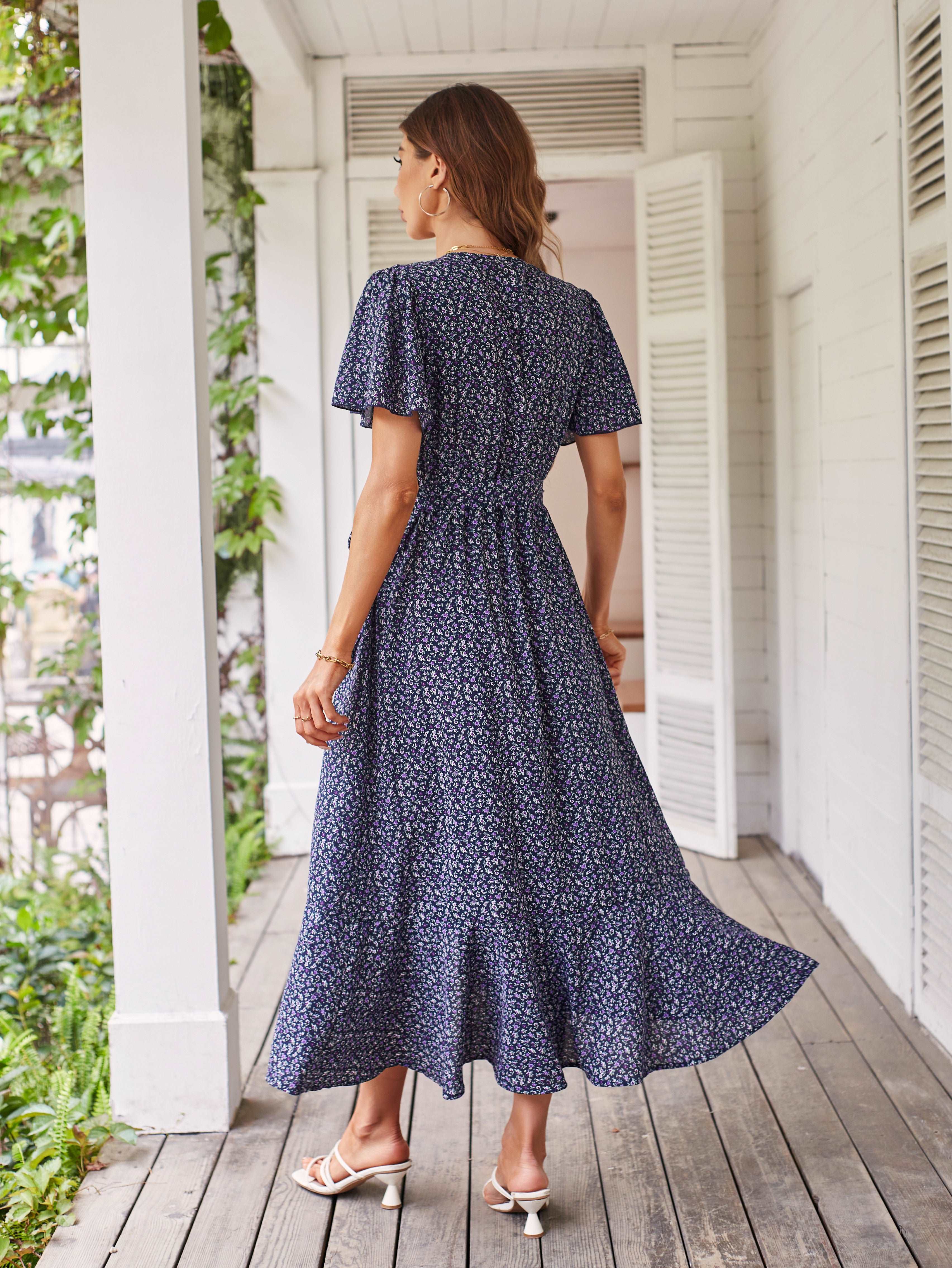 Women's Dresses Casual Summer Wrap V Neck Short Sleeve Belted Ruffle Hem A-Line Bohemian Maxi Dress