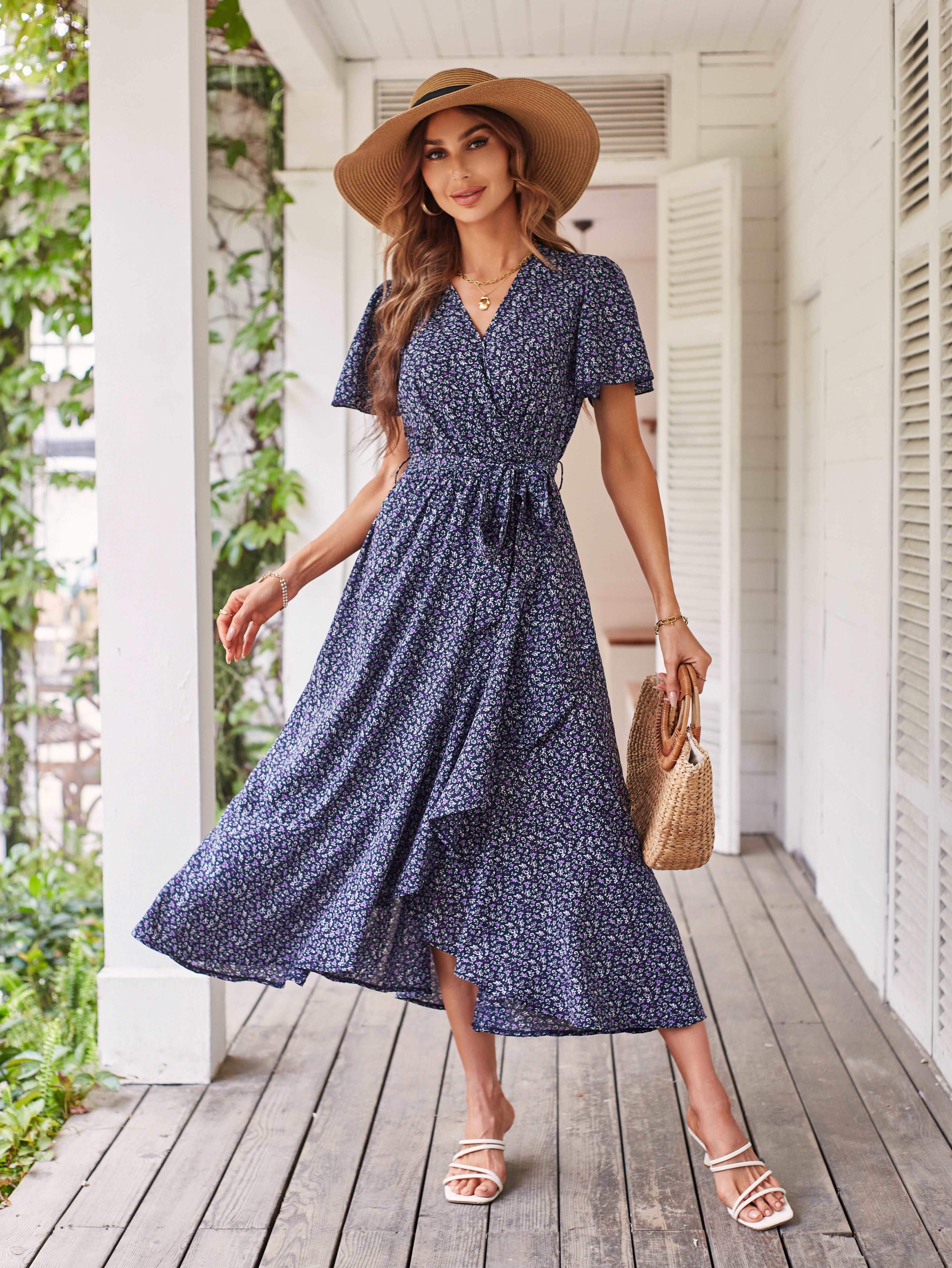 Women's Dresses Casual Summer Wrap V Neck Short Sleeve Belted Ruffle Hem A-Line Bohemian Maxi Dress