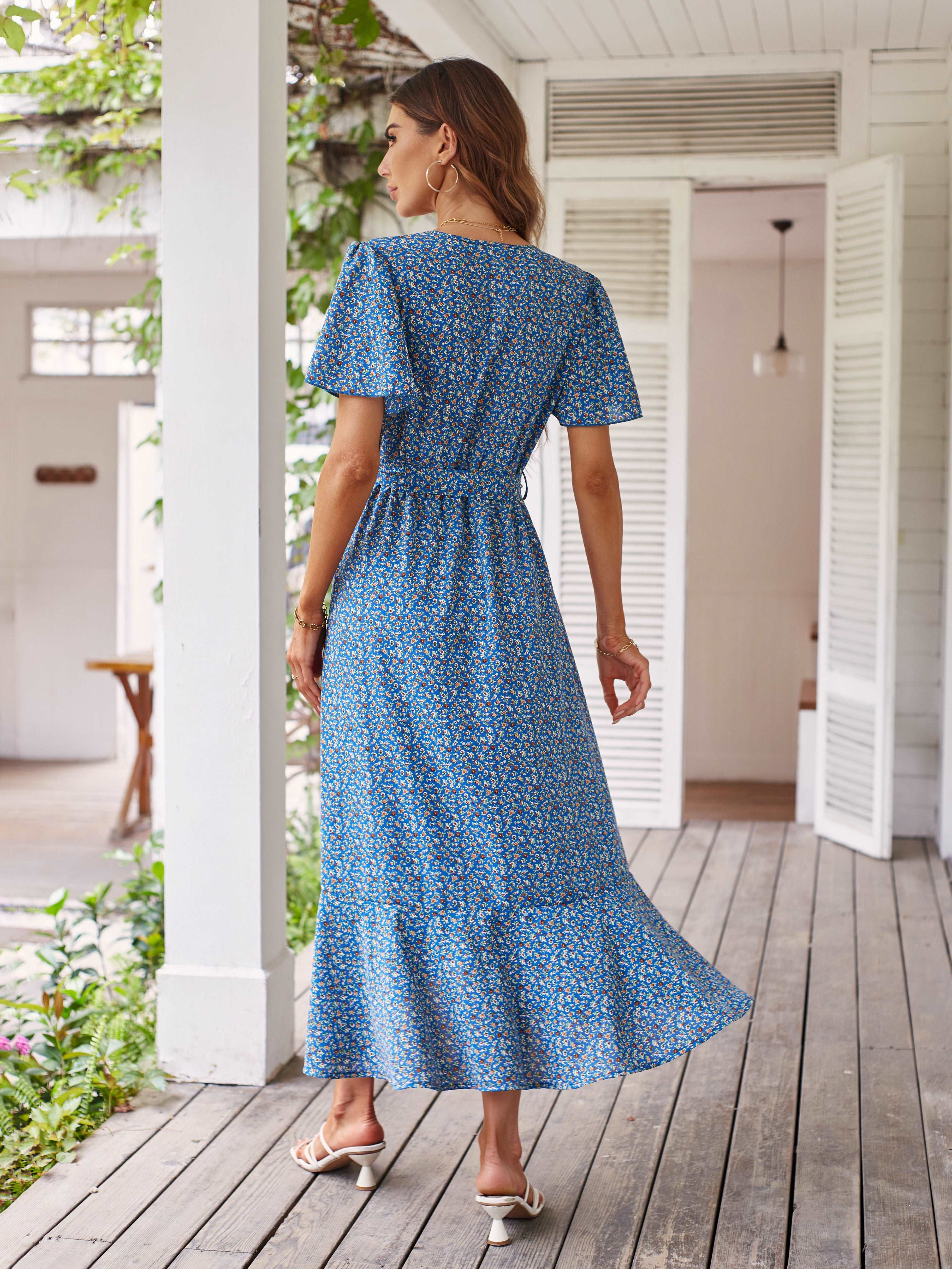 Women's Dresses Casual Summer Wrap V Neck Short Sleeve Belted Ruffle Hem A-Line Bohemian Maxi Dress