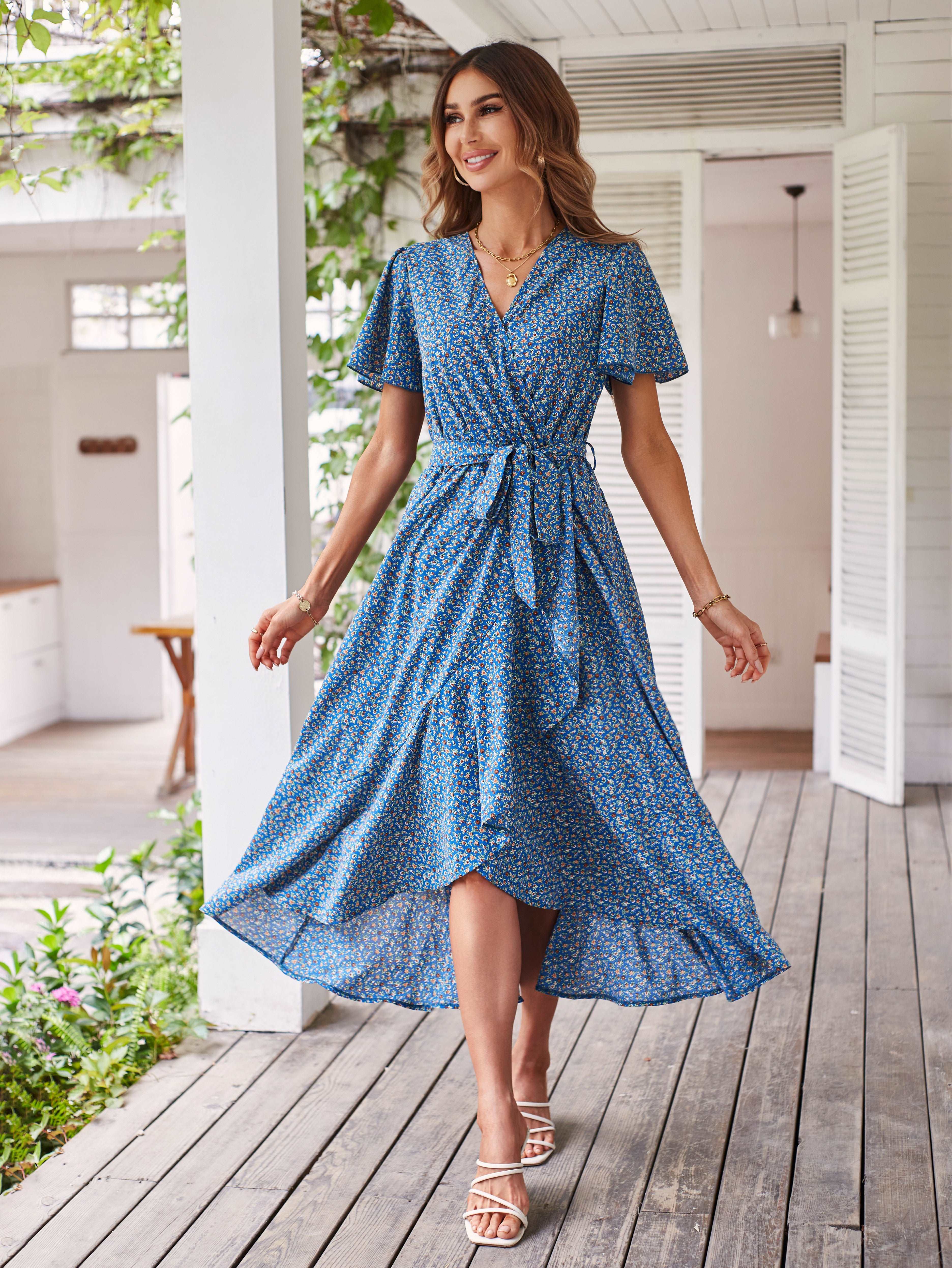 Women's Dresses Casual Summer Wrap V Neck Short Sleeve Belted Ruffle Hem A-Line Bohemian Maxi Dress