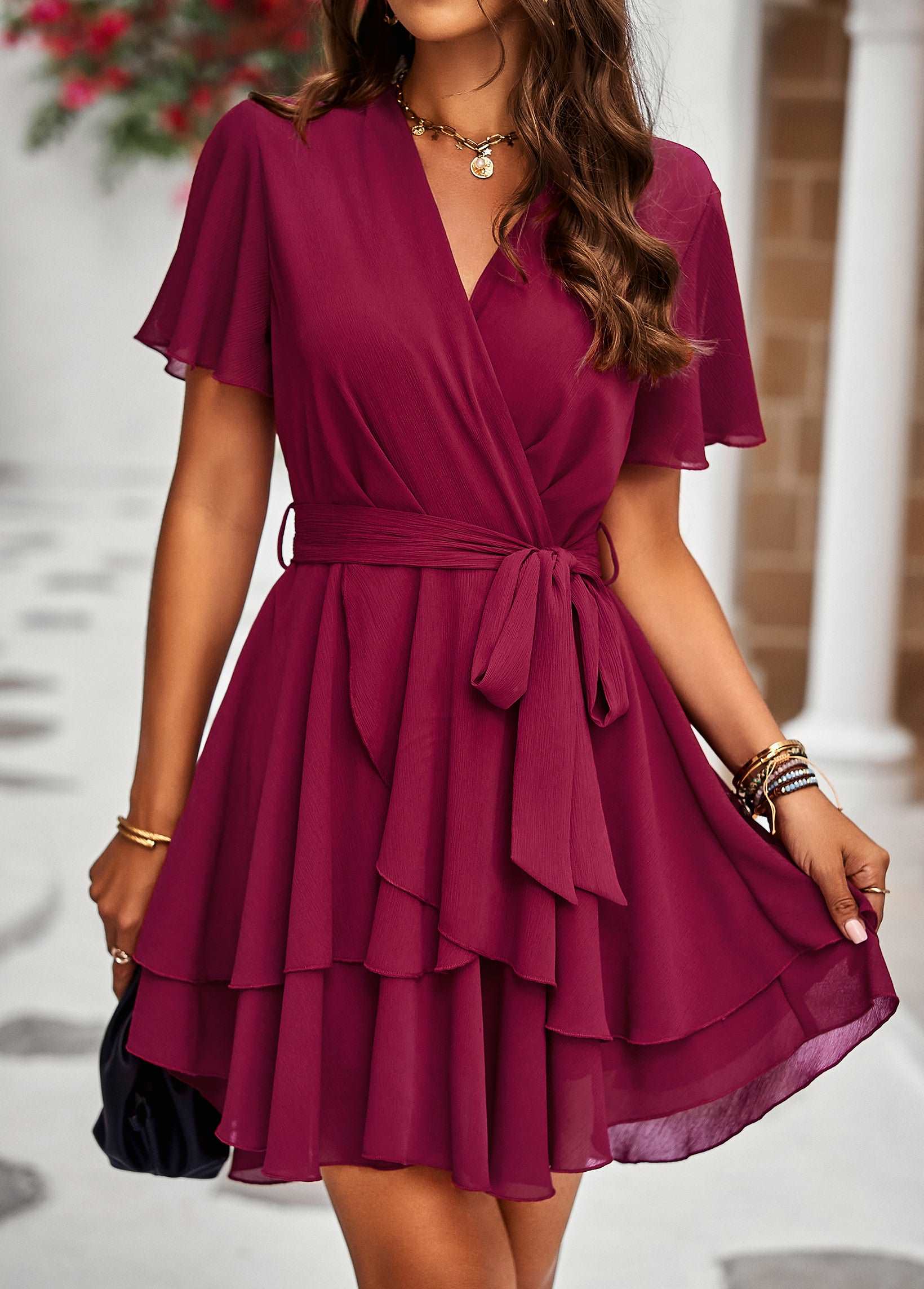 Summer Dress for Women Sexy Deep V Neck Short Sleeve Ruffle High Waist A-Line Casual Mini Dress