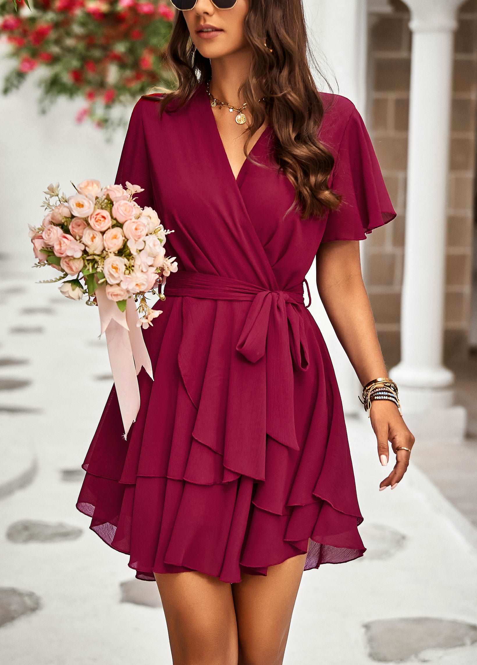 Summer Dress for Women Sexy Deep V Neck Short Sleeve Ruffle High Waist A-Line Casual Mini Dress