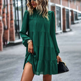 Womens Dress Long Lantern Sleeve Square Neck Tie Backless Sexy Dress Ruffle Elastic Waist A-Line Mini Dress