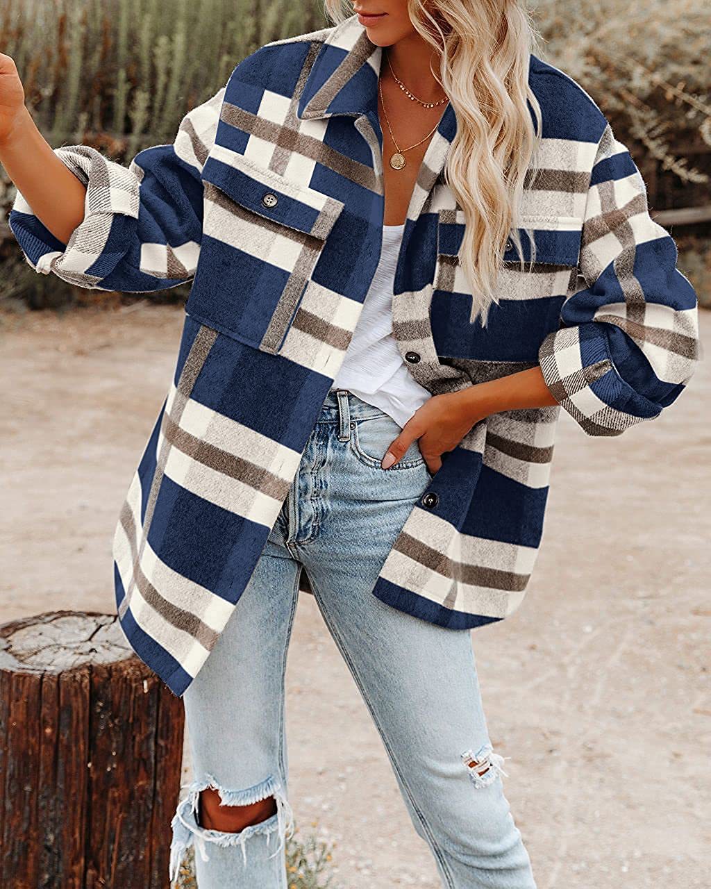 Women Oversize Loose Plaid Jacket with Pocket