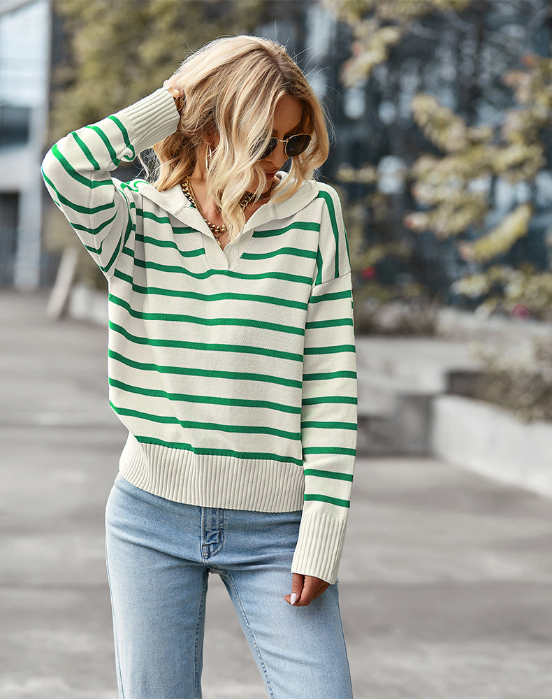 Women's knitted striped sweater lapel casual top