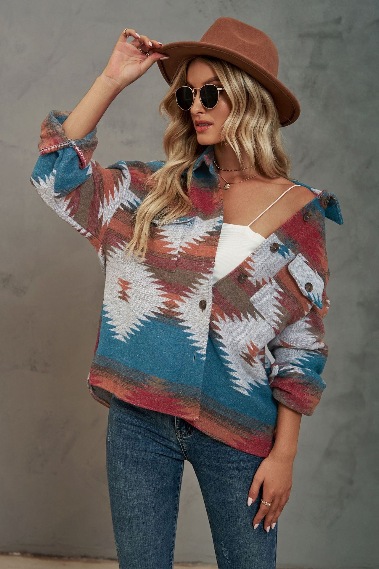 Casual Aztec Print Button Down Woolen Long Sleeve Jacket Coat