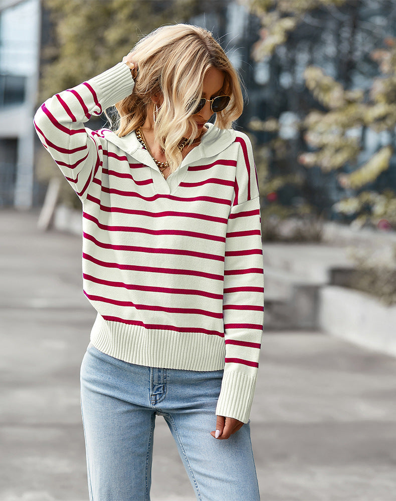 Women's knitted striped sweater lapel casual top