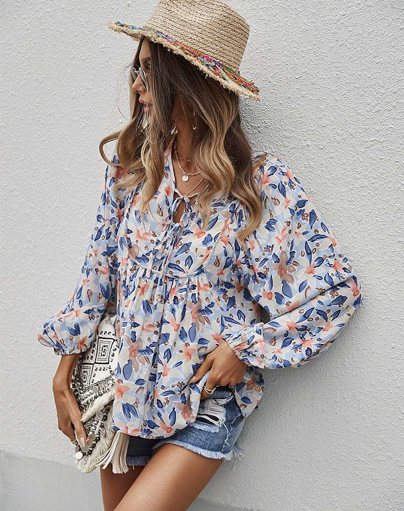 Womens Fall Fashion  Boho Tops Casual Frill Trim Mock Neck Shirts Puff Long Sleeve Blouse Floral Print Top