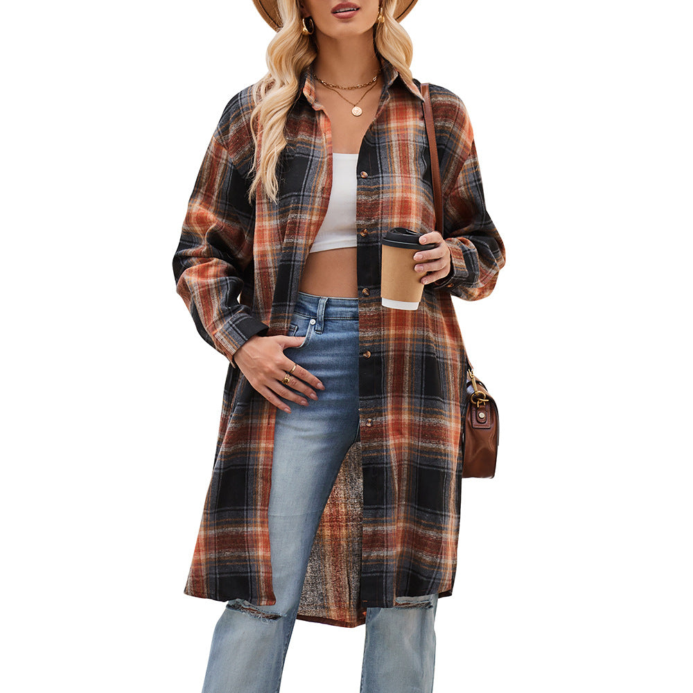 Women Long Trench Coat Plaid Jacket Oversized with Pocket