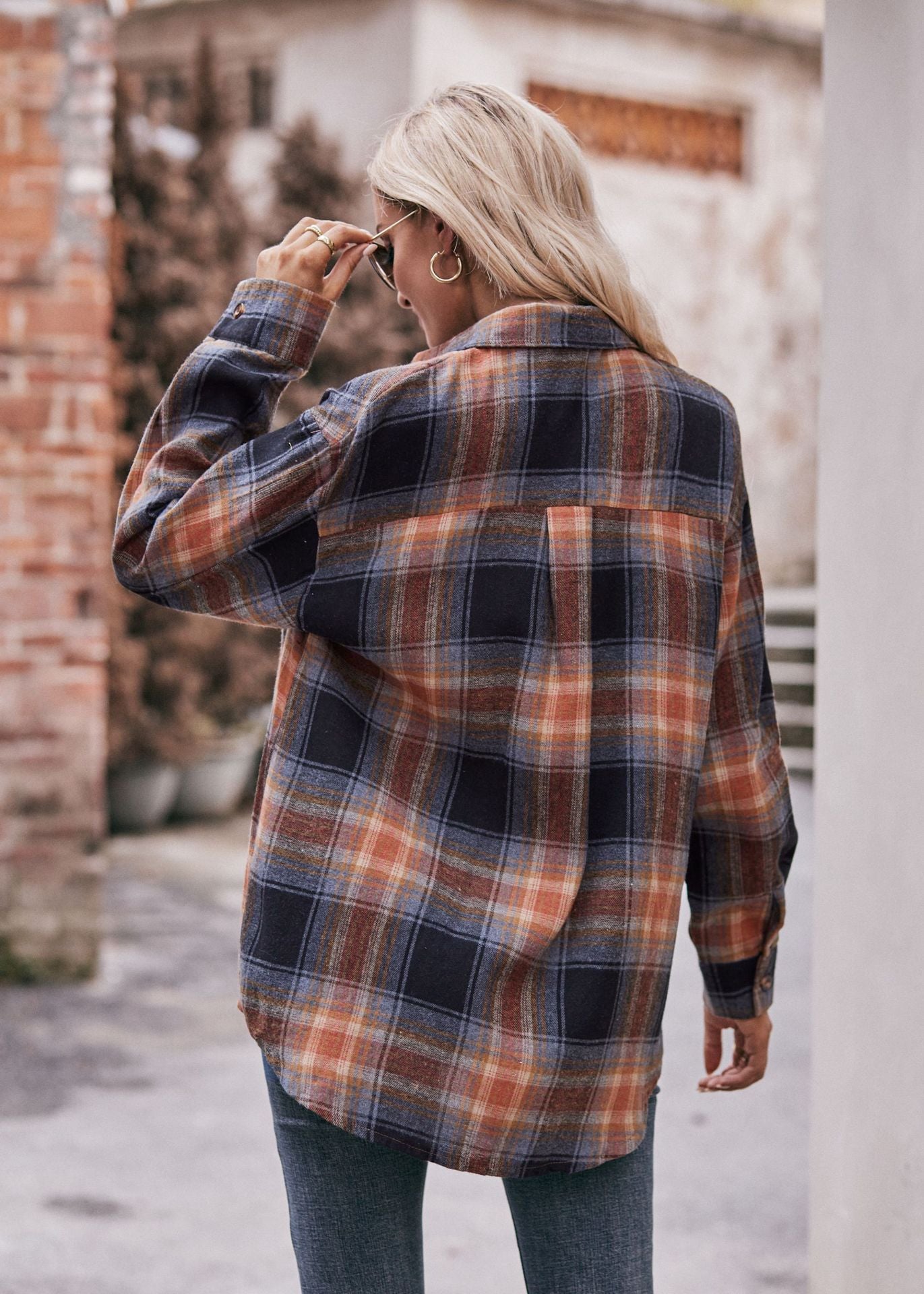 Women Oversize Loose Plaid Jacket with Pocket