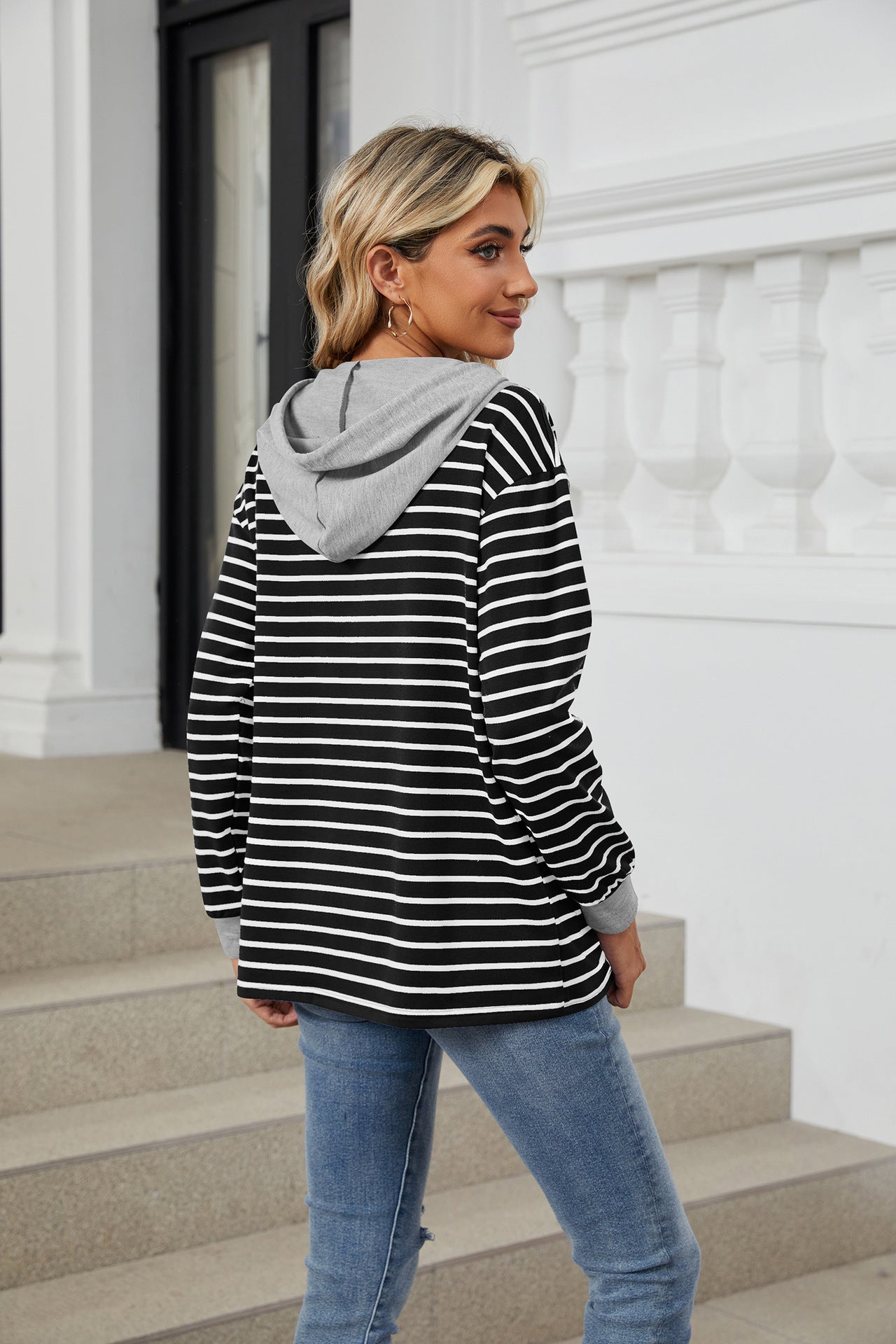 Womens Striped Hoodies Jumper Drawstring Tops