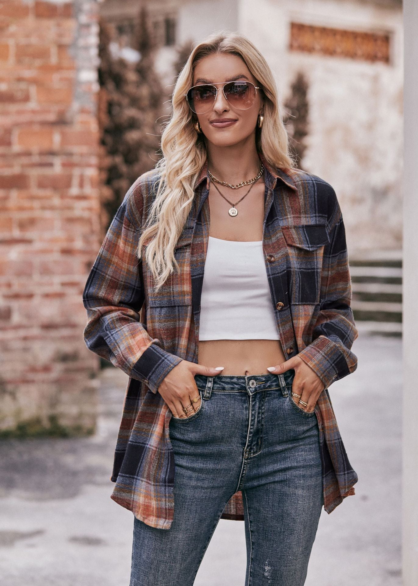 Women Oversize Loose Plaid Jacket with Pocket