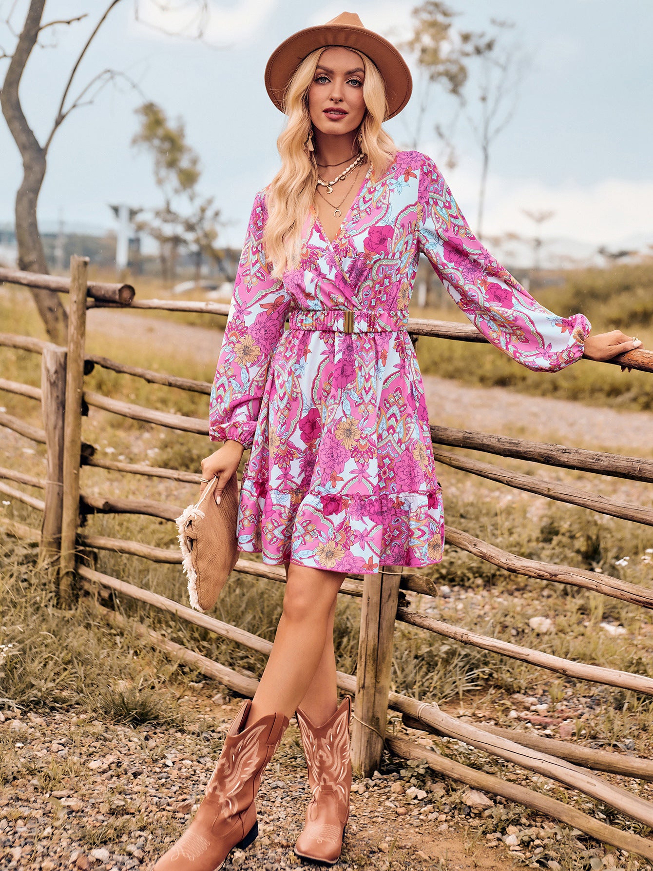 Women's Floral Print Chiffon A-Line Dress Long Sleeves