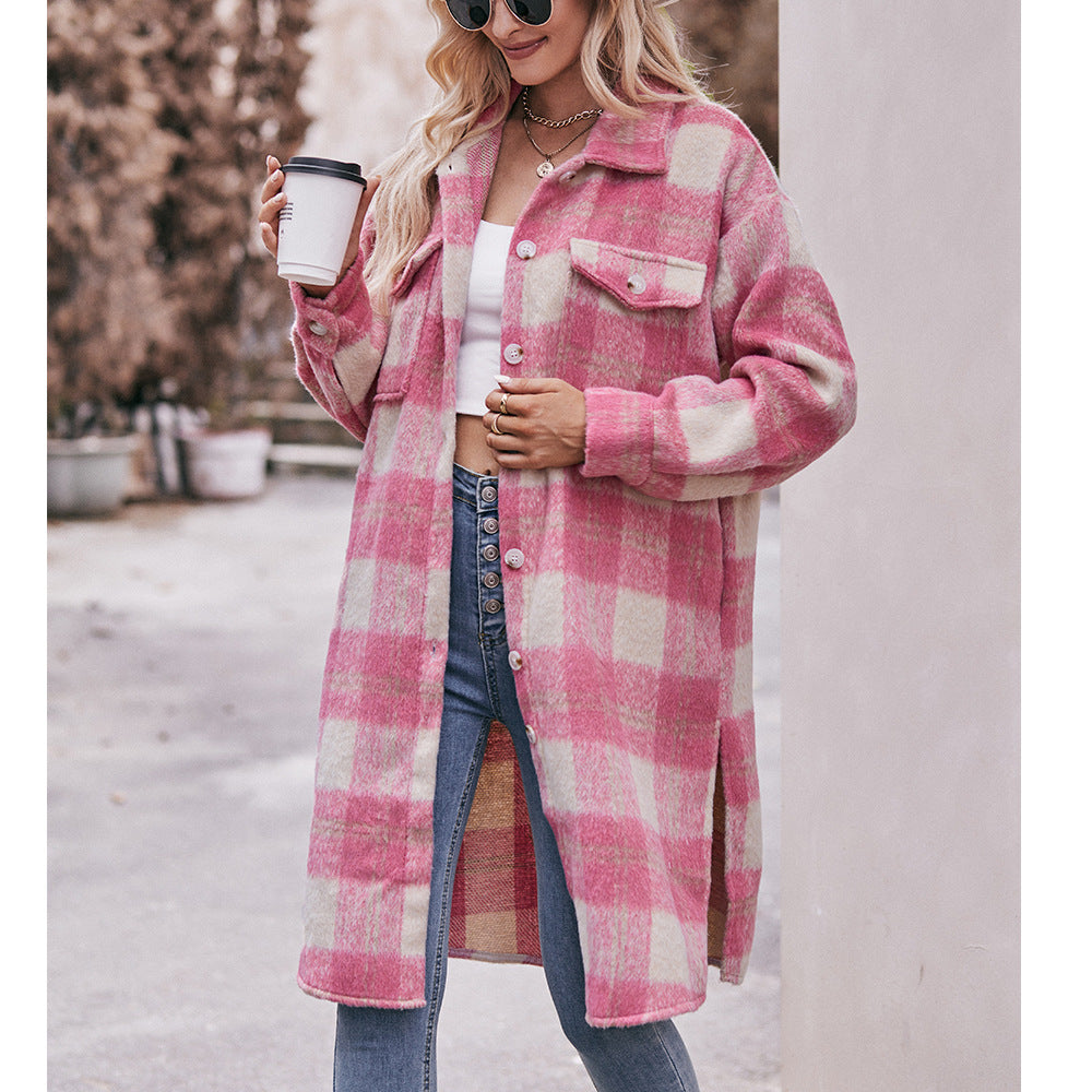 Women Plaid Hoodies Long Jacket Oversized with Pocket