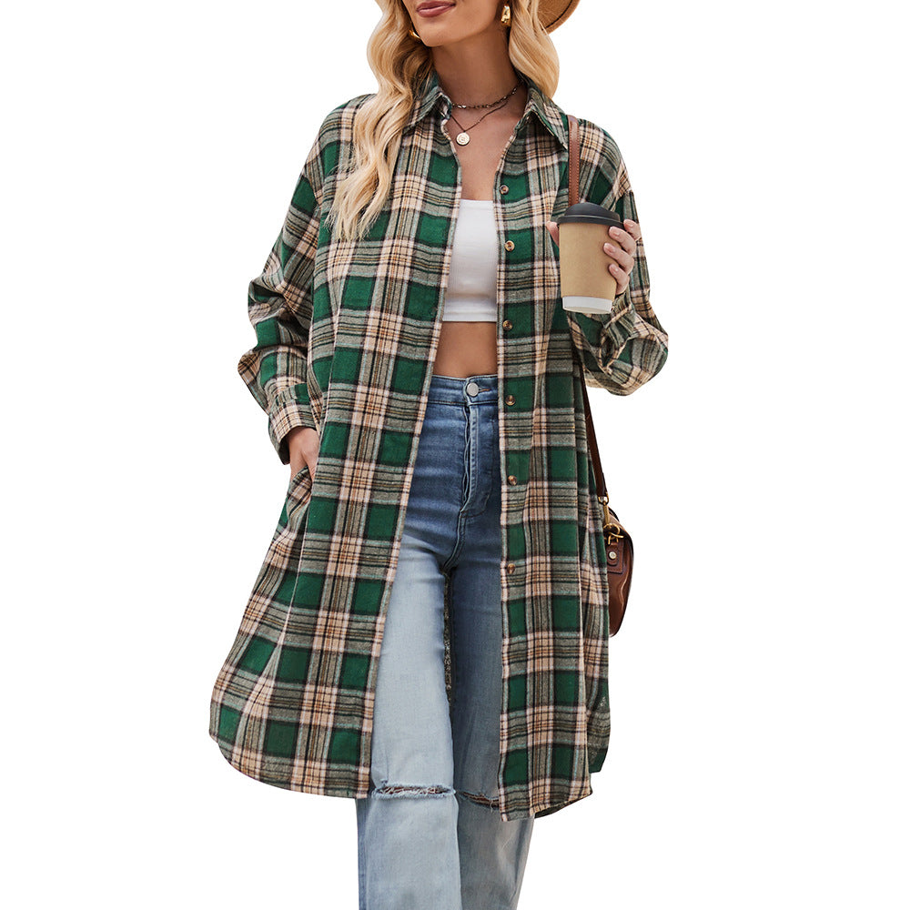 Women Long Trench Coat Plaid Jacket Oversized with Pocket