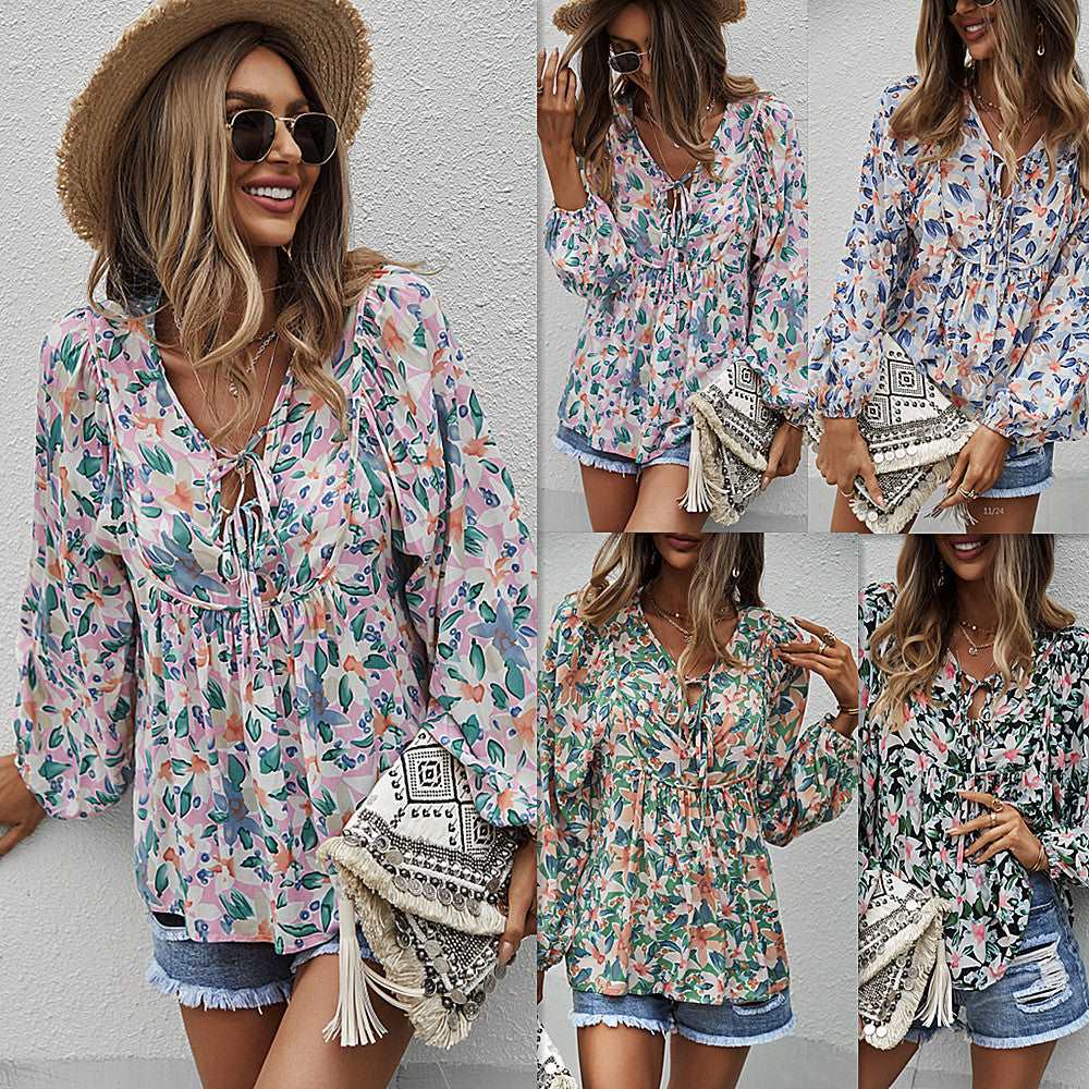 Womens Fall Fashion  Boho Tops Casual Frill Trim Mock Neck Shirts Puff Long Sleeve Blouse Floral Print Top