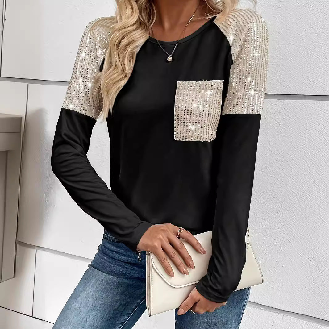 Women Splicing Sequin Tops Crewneck Long Sleeve