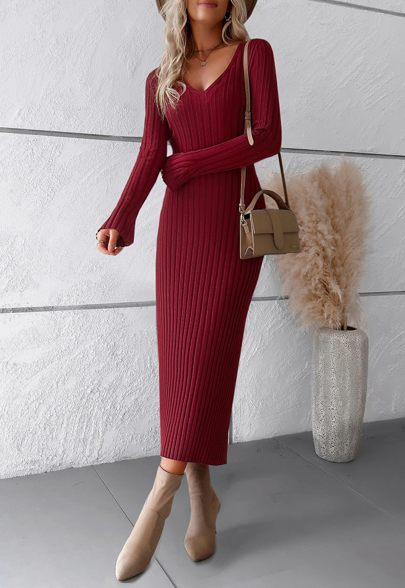 Women Casual V Neck Knit Sweater Dresses