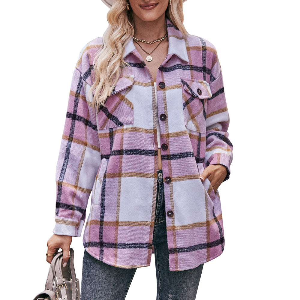 Women's Fall and Winter New Cross-border Women's Plaid Jacket Casual Loose Pocket Shirt