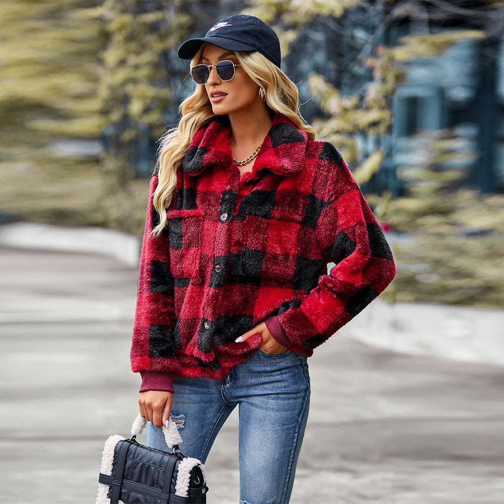 Womens Casual Plaid Shackets Brushed Flannel Button Down Pocketed Shirt Jacket Coats