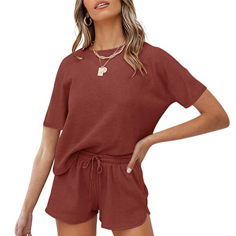 Women Short Sleeve Two Piece Casual Waffle Lounge Set