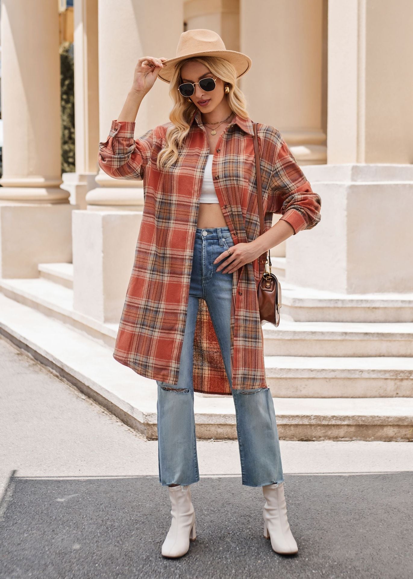 Women Long Trench Coat Plaid Jacket Oversized with Pocket