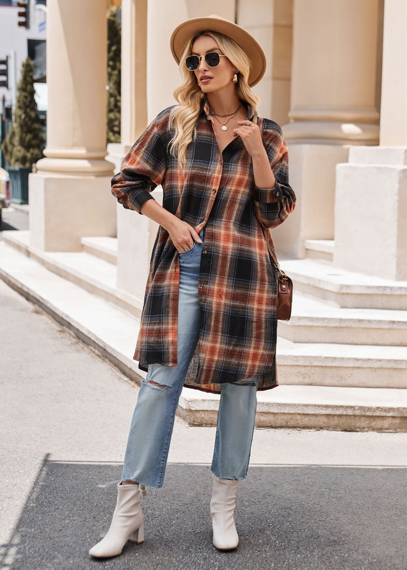 Women Long Trench Coat Plaid Jacket Oversized with Pocket