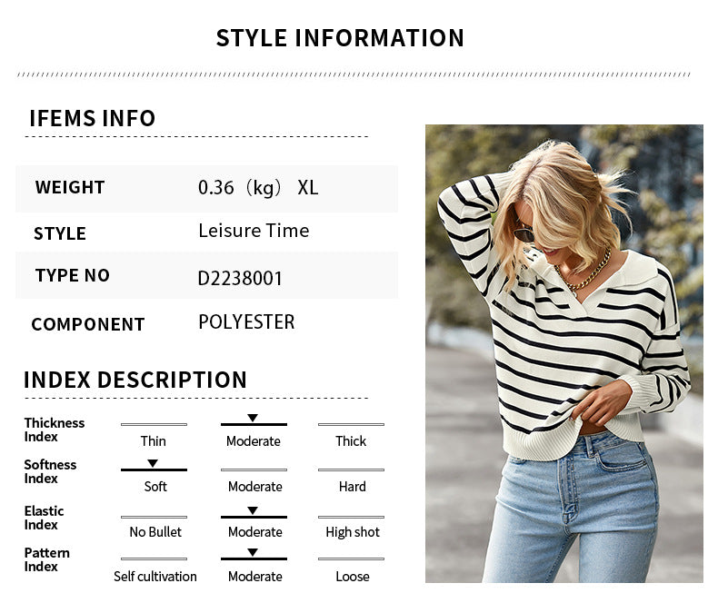 Women's knitted striped sweater lapel casual top