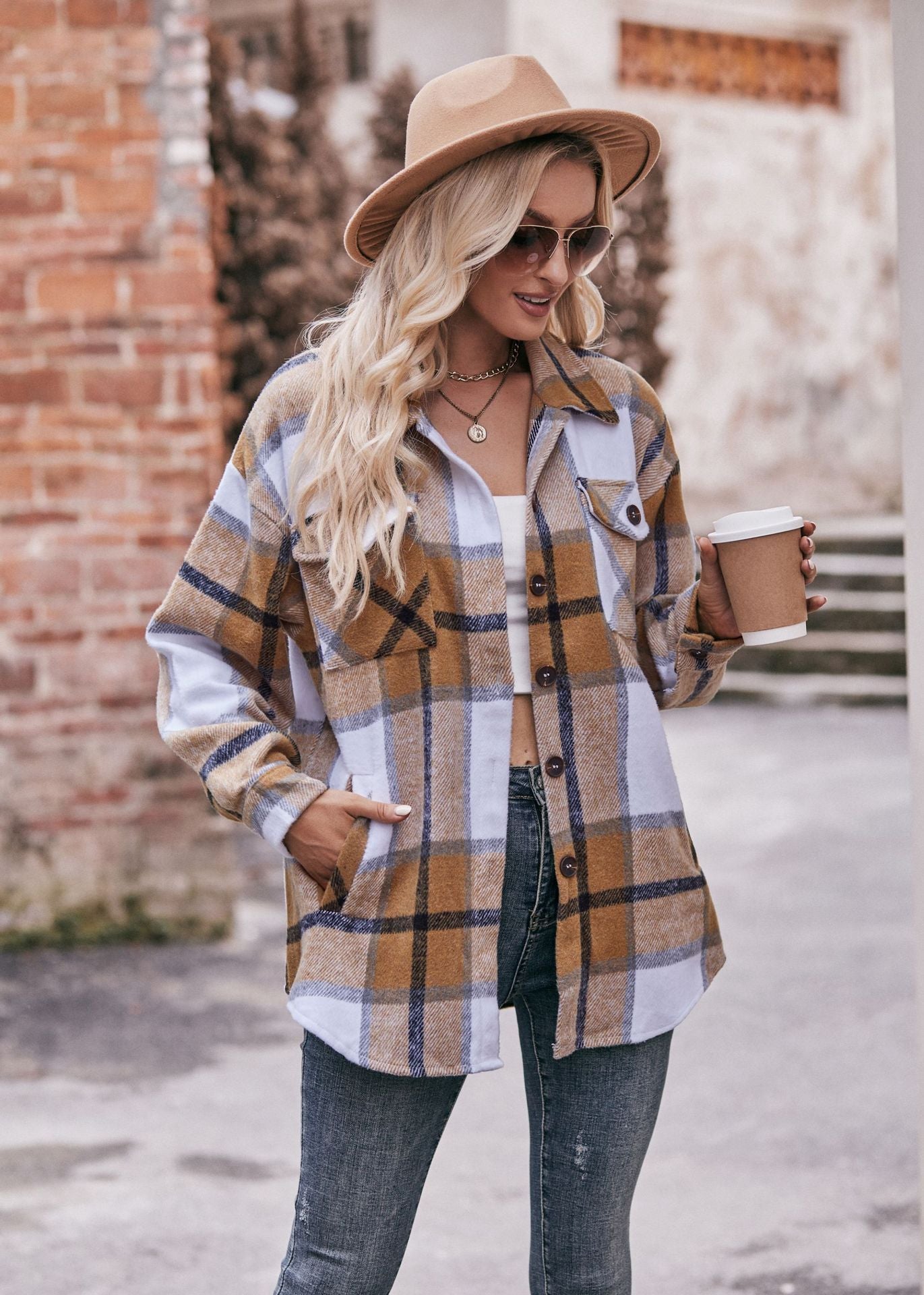 Women's Fall and Winter New Cross-border Women's Plaid Jacket Casual Loose Pocket Shirt