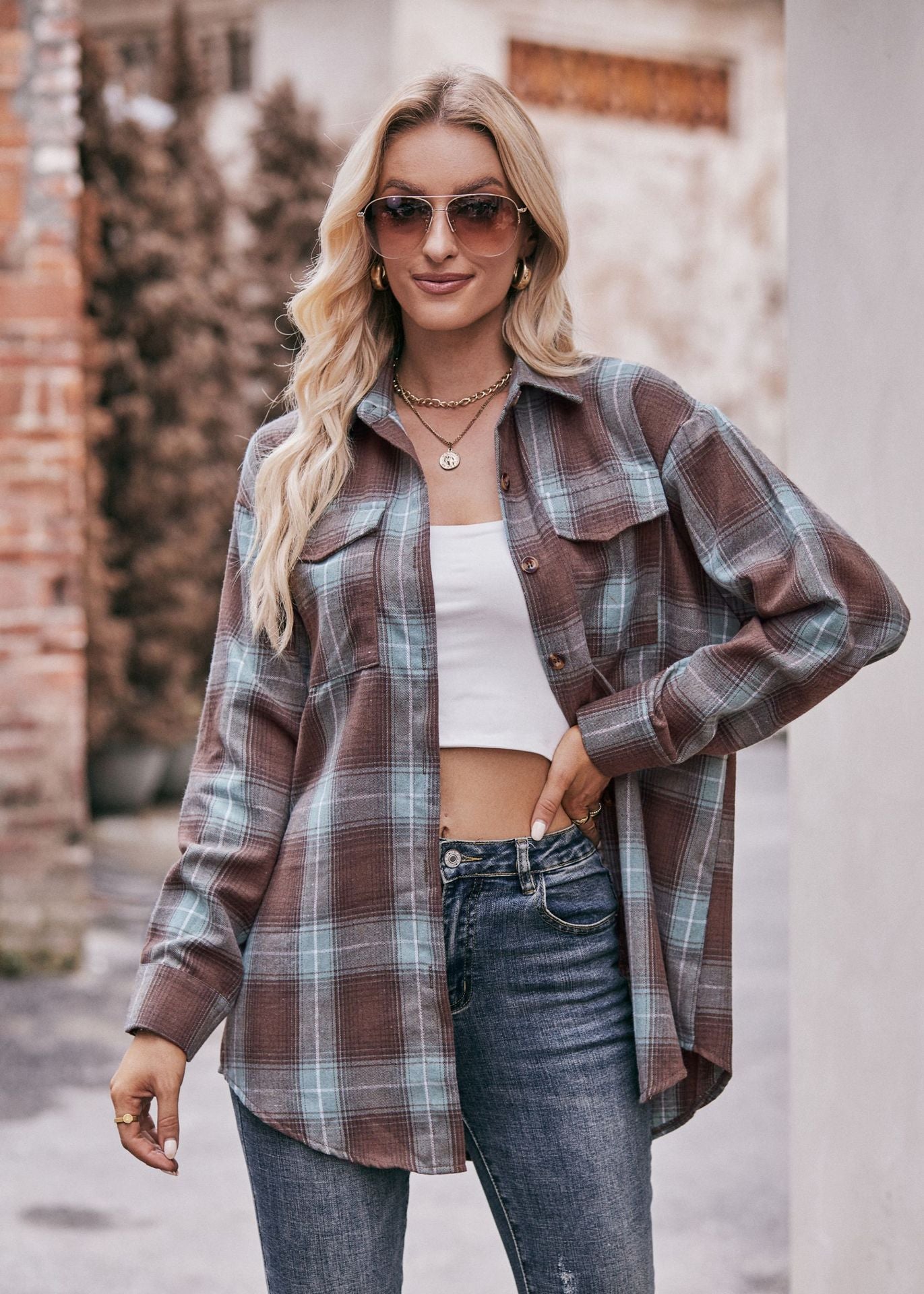 Women Oversize Loose Plaid Jacket with Pocket