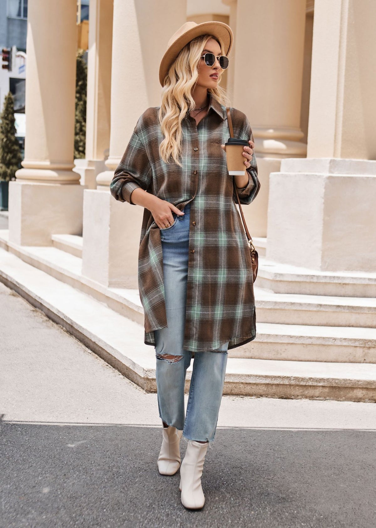 Women Long Trench Coat Plaid Jacket Oversized with Pocket