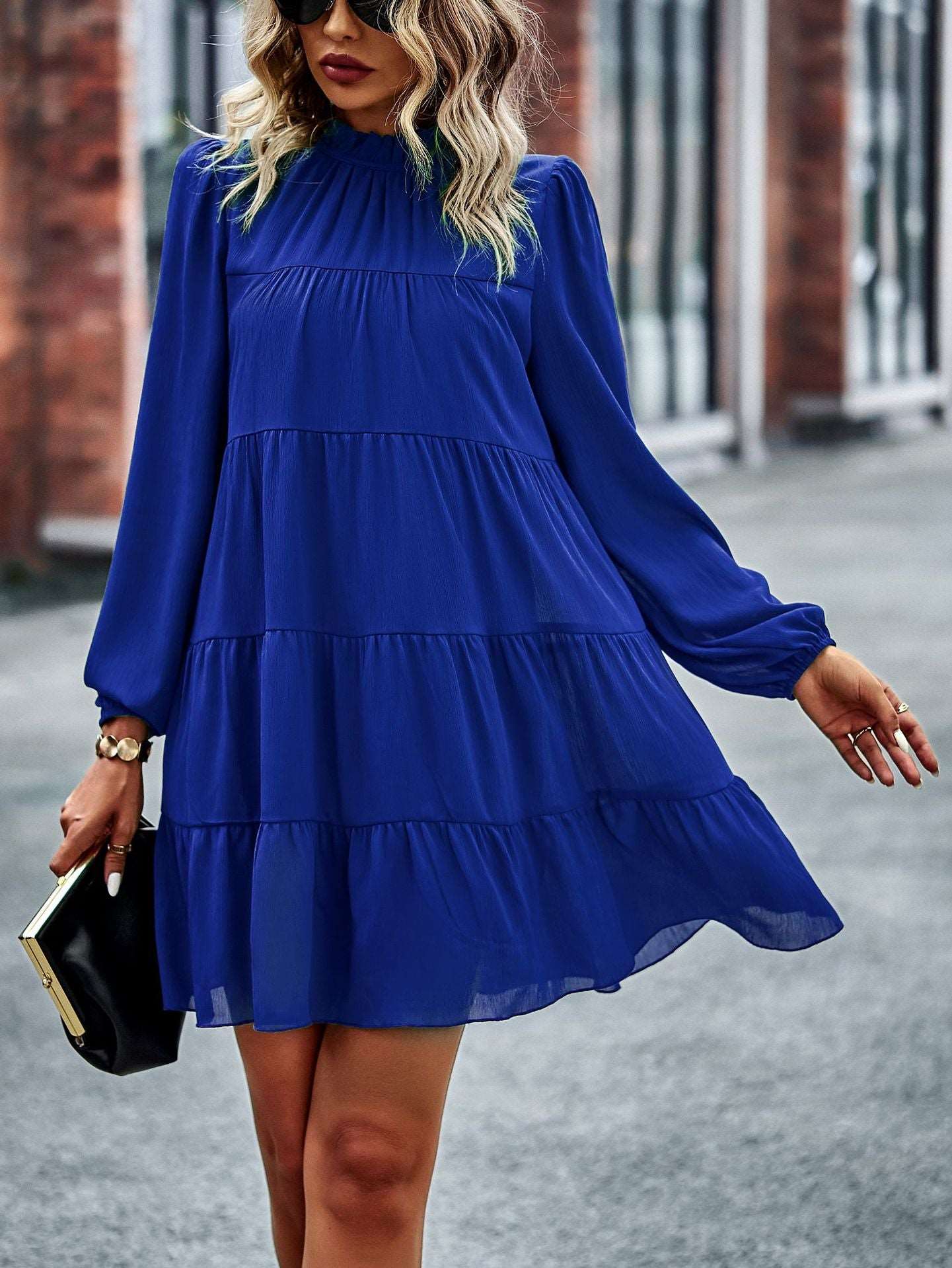 Womens Dress Long Lantern Sleeve Square Neck Tie Backless Sexy Dress Ruffle Elastic Waist A-Line Mini Dress