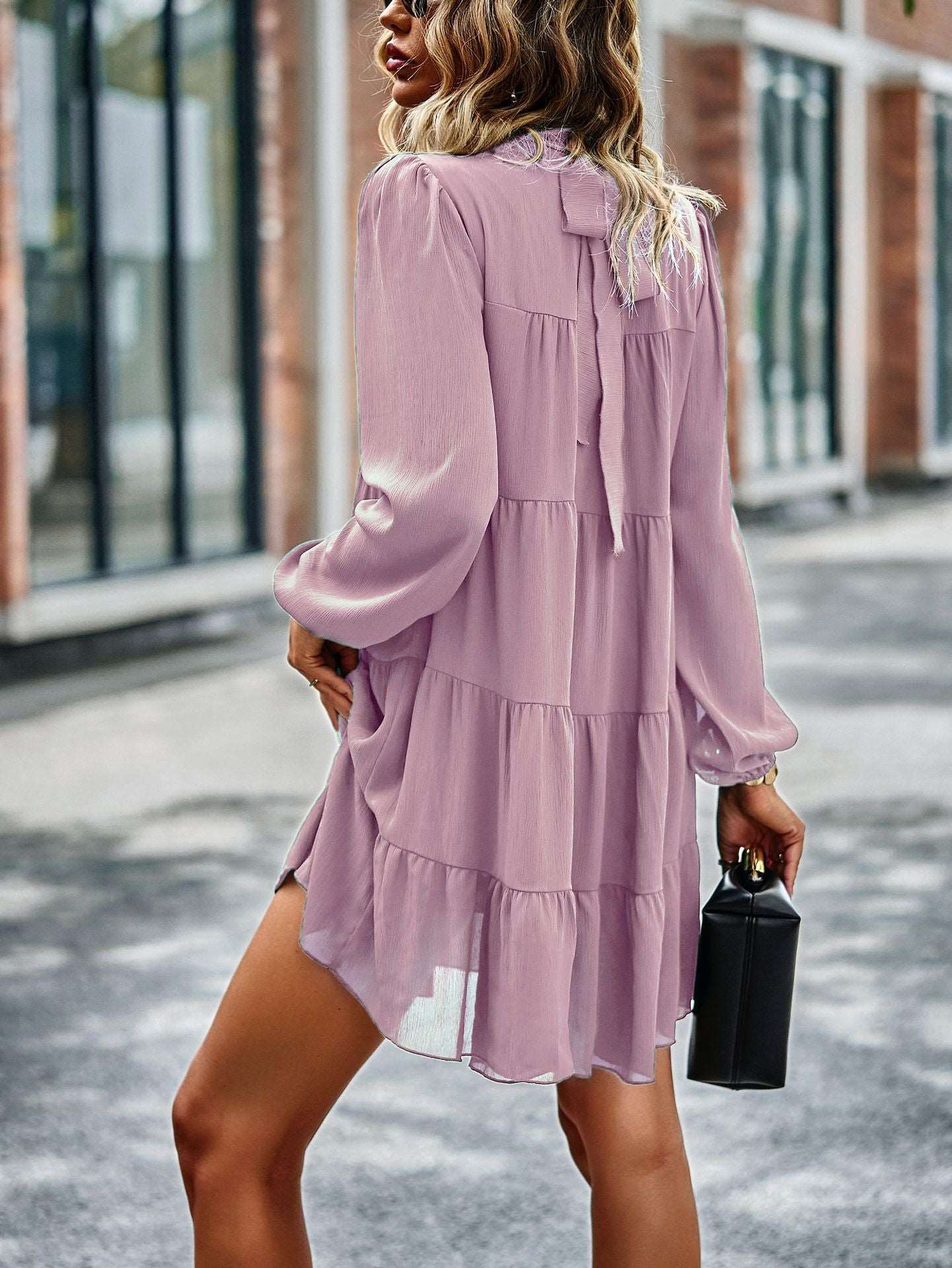 Womens Dress Long Lantern Sleeve Square Neck Tie Backless Sexy Dress Ruffle Elastic Waist A-Line Mini Dress