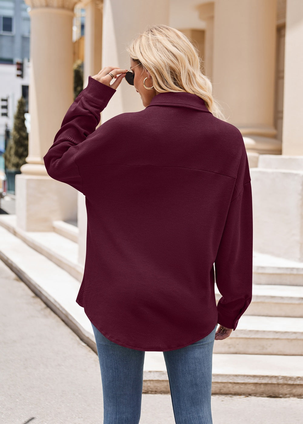Women's Cross border Casual Loose Pocket Waffle Fashion Shirt Jacket Oversized