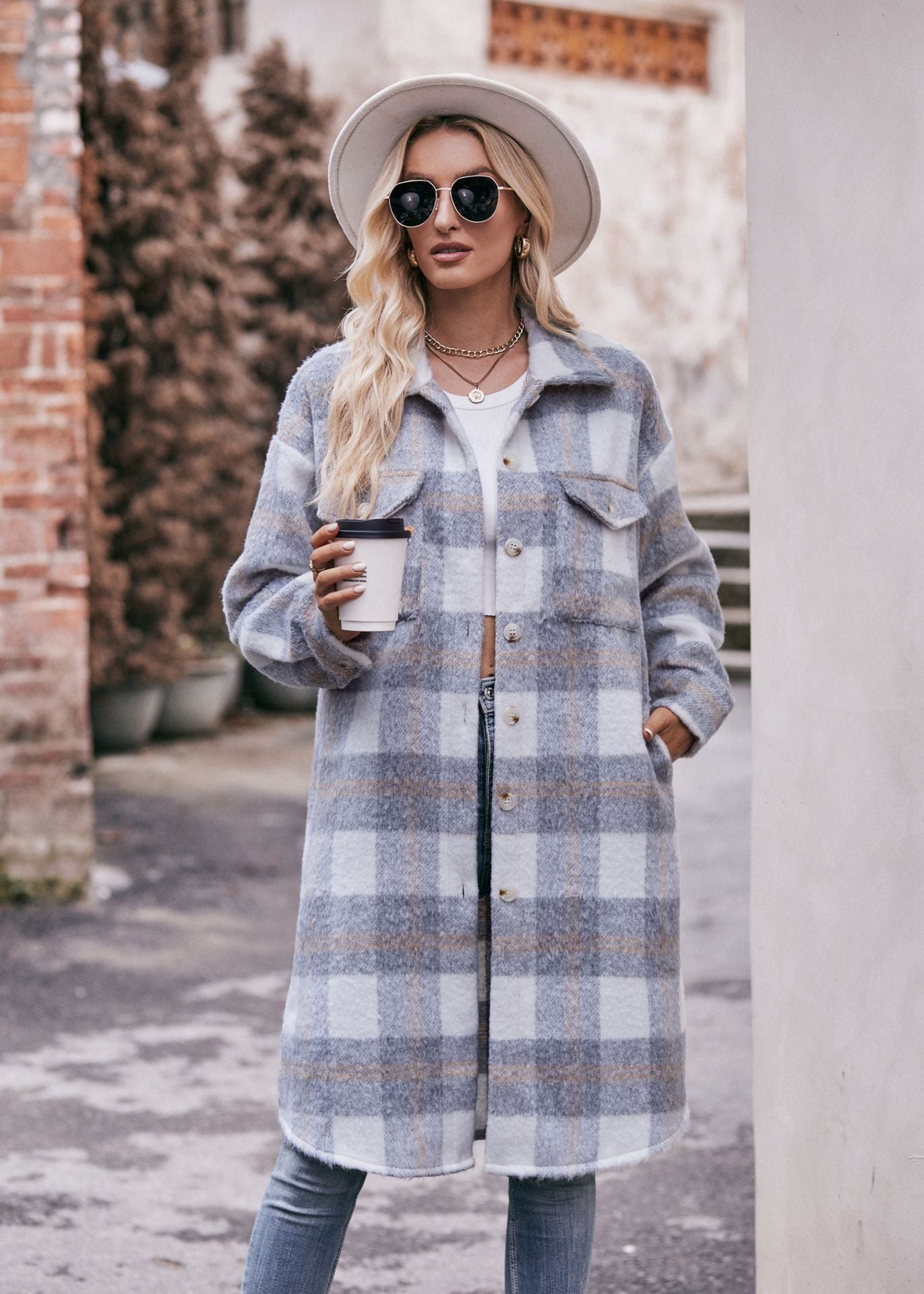 Women Plaid Hoodies Long Jacket Oversized with Pocket