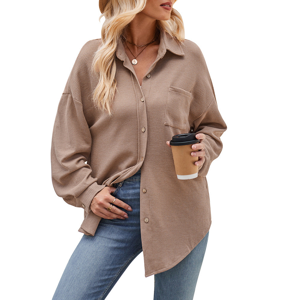 Women's Cross border Casual Loose Pocket Waffle Fashion Shirt Jacket Oversized