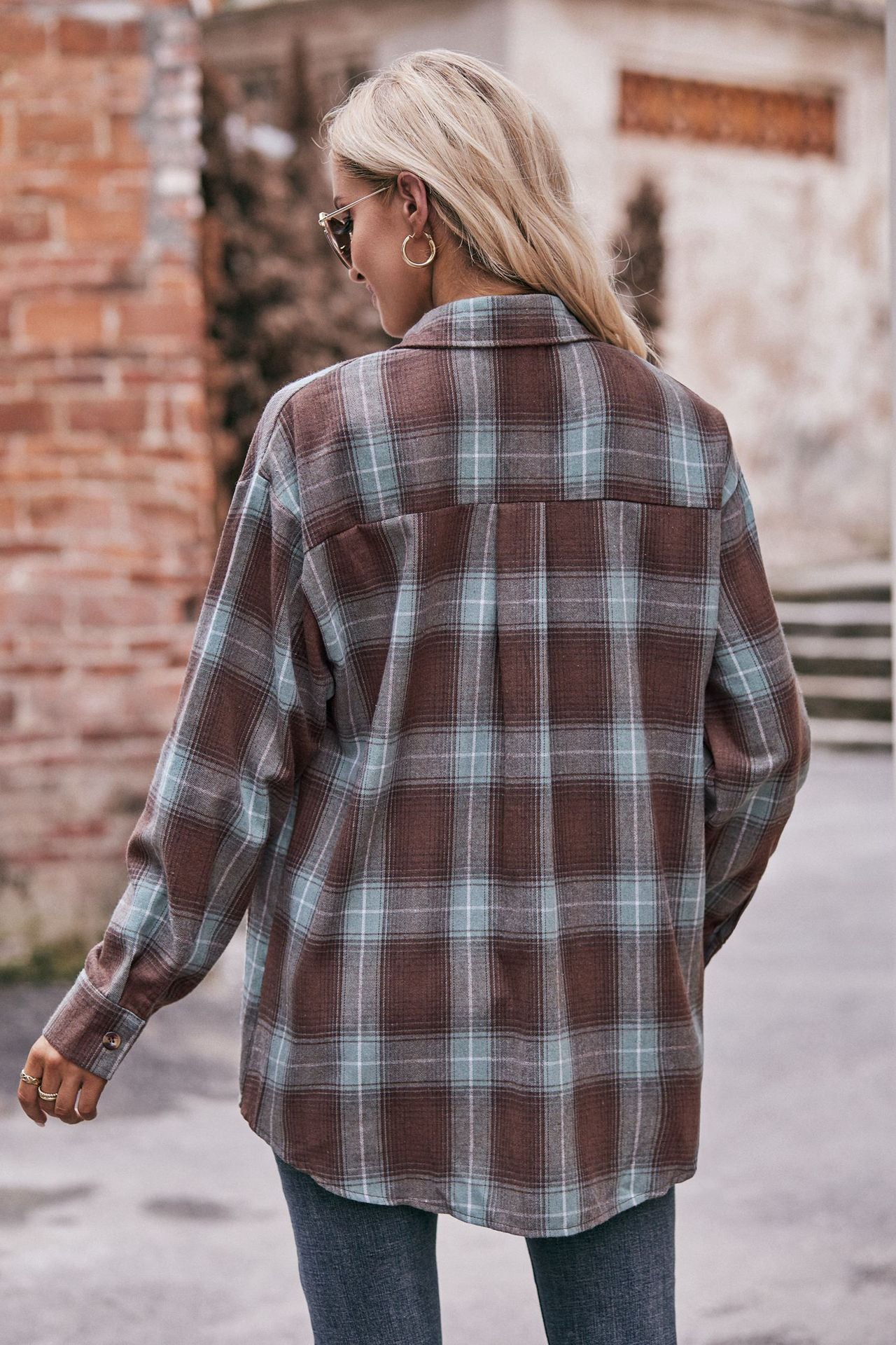 Women Oversize Loose Plaid Jacket with Pocket
