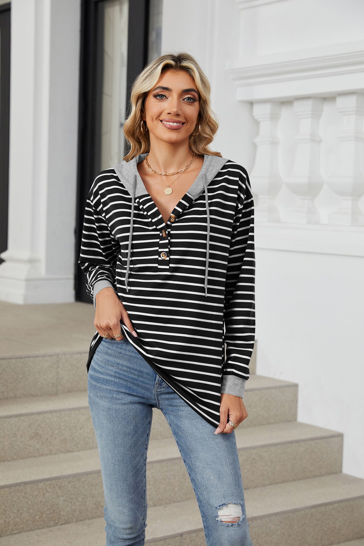 Womens Striped Hoodies Jumper Drawstring Tops