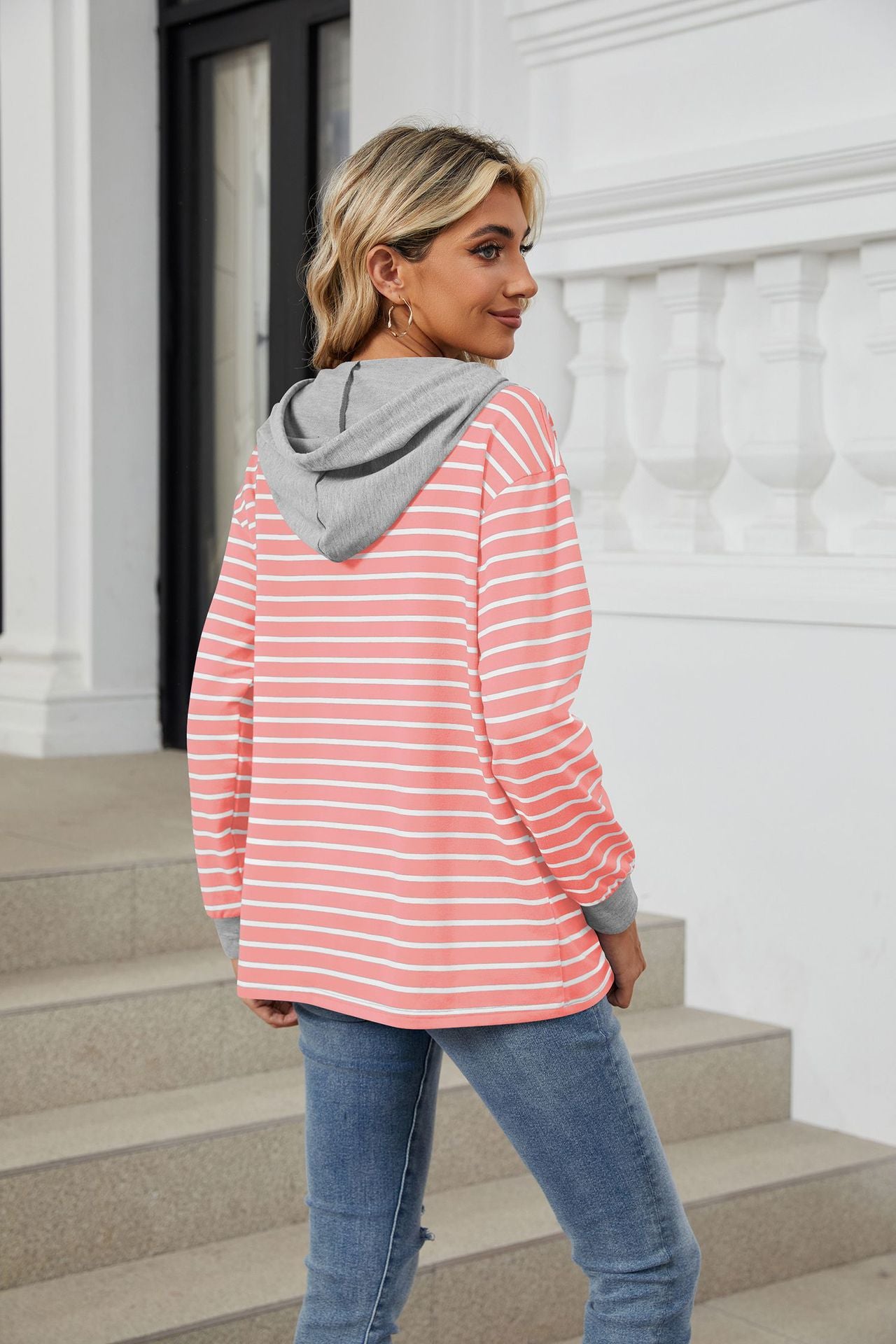 Womens Striped Hoodies Jumper Drawstring Tops