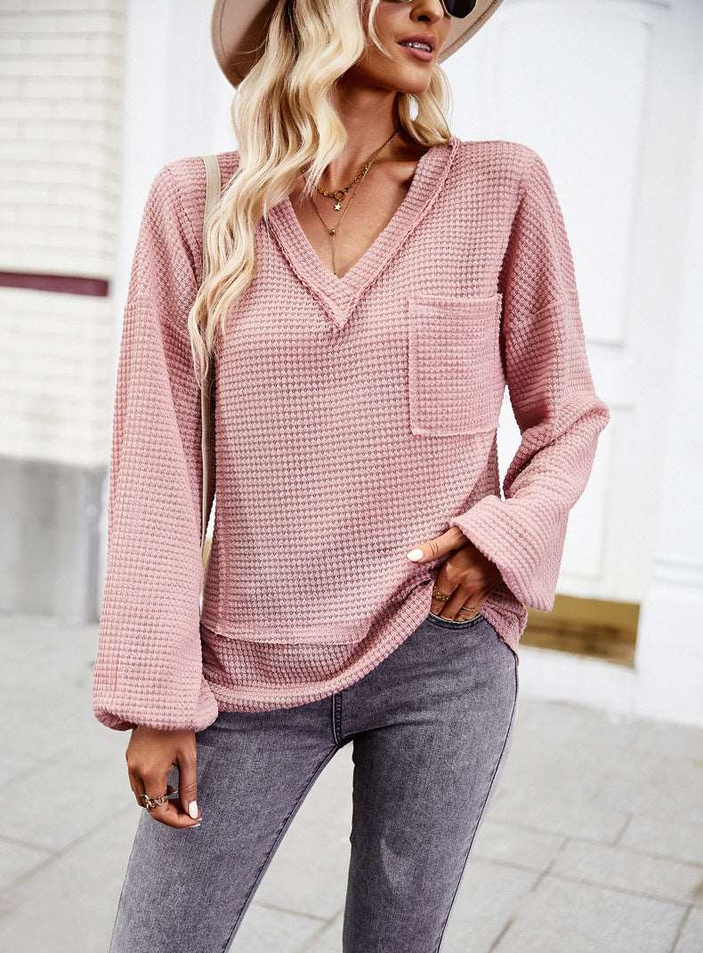 Women's Casual V Neck Ribbed Knitted Shirts Pullover Tunic Tops Loose Balloon Sleeve Solid Color Blouses Top