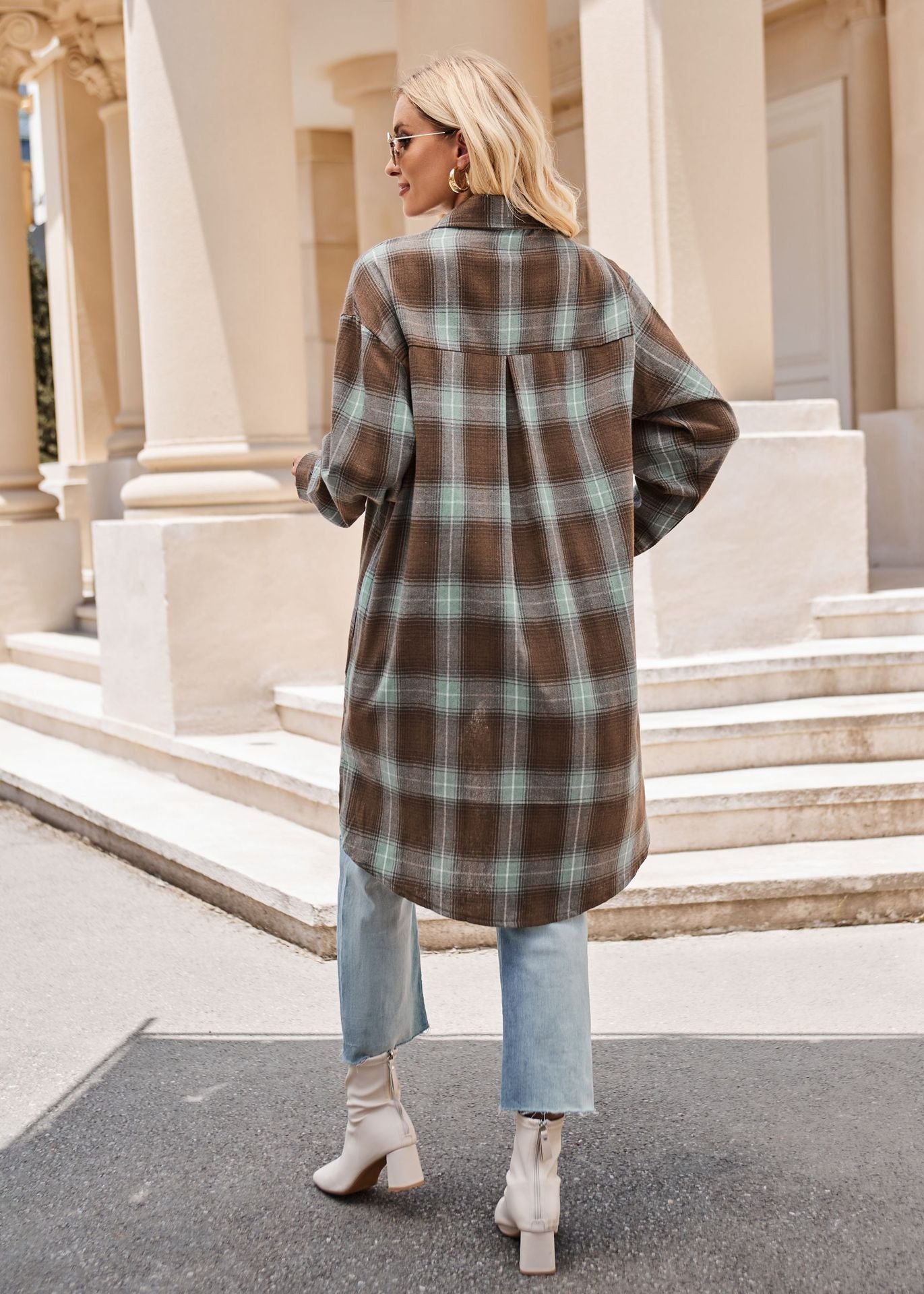 Women Long Trench Coat Plaid Jacket Oversized with Pocket