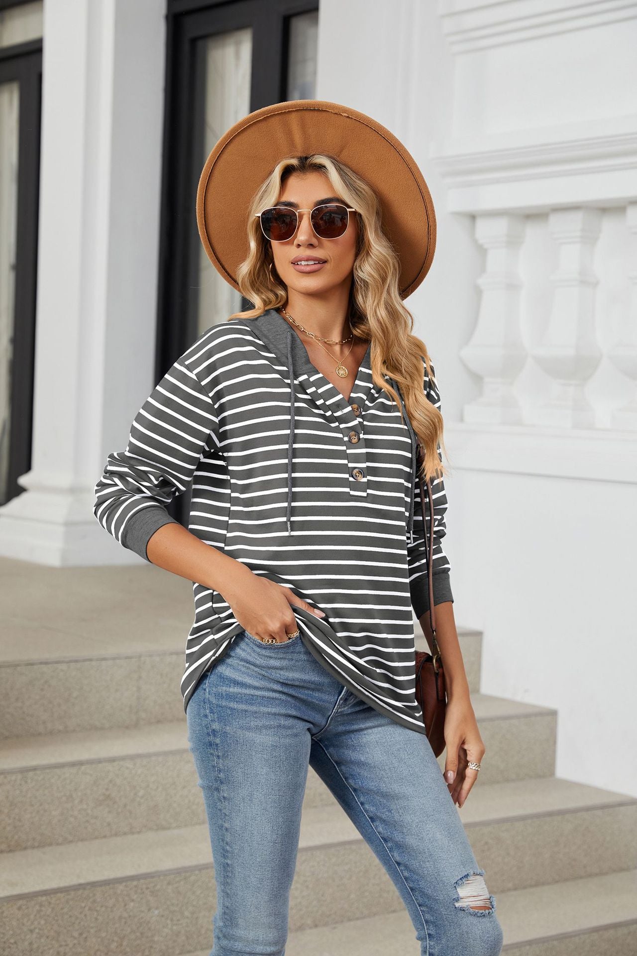 Womens Striped Hoodies Jumper Drawstring Tops