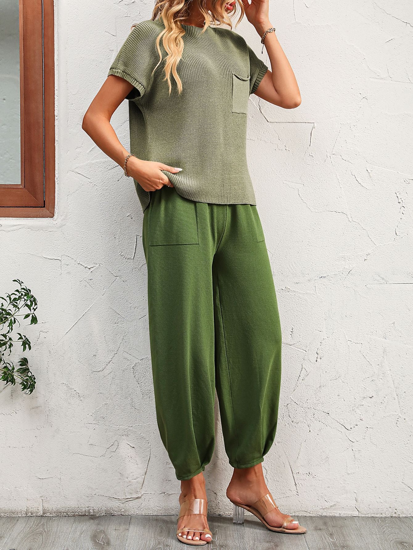 Women Short Sleeve Two Piece Solid Color Casual Waffle Loung