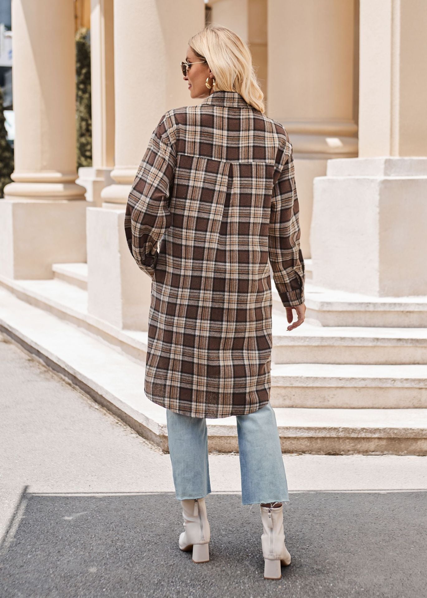 Women Long Trench Coat Plaid Jacket Oversized with Pocket