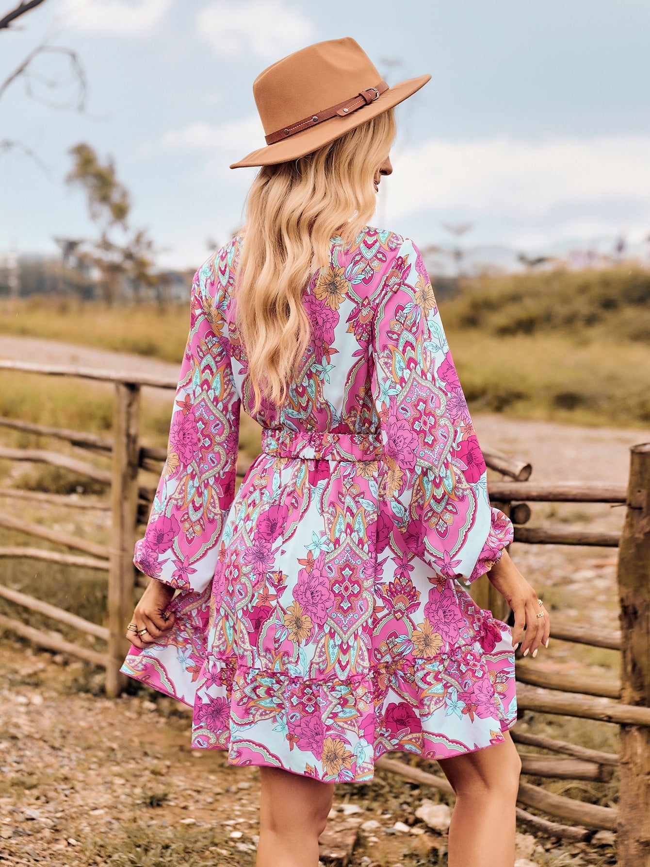 Women's Floral Print Chiffon A-Line Dress Long Sleeves