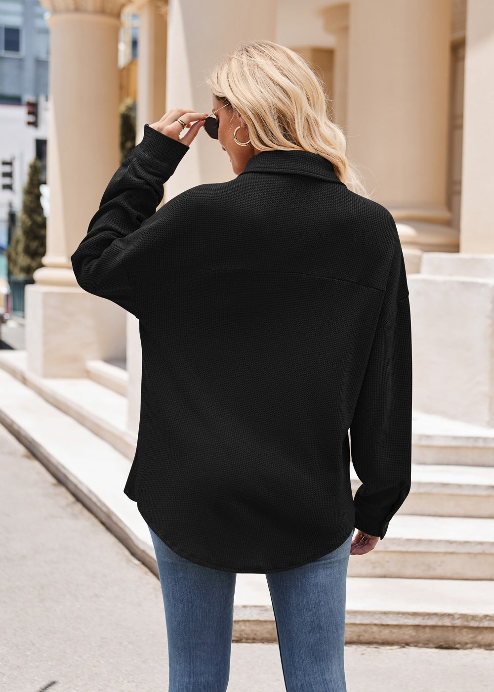 Women's Cross border Casual Loose Pocket Waffle Fashion Shirt Jacket Oversized